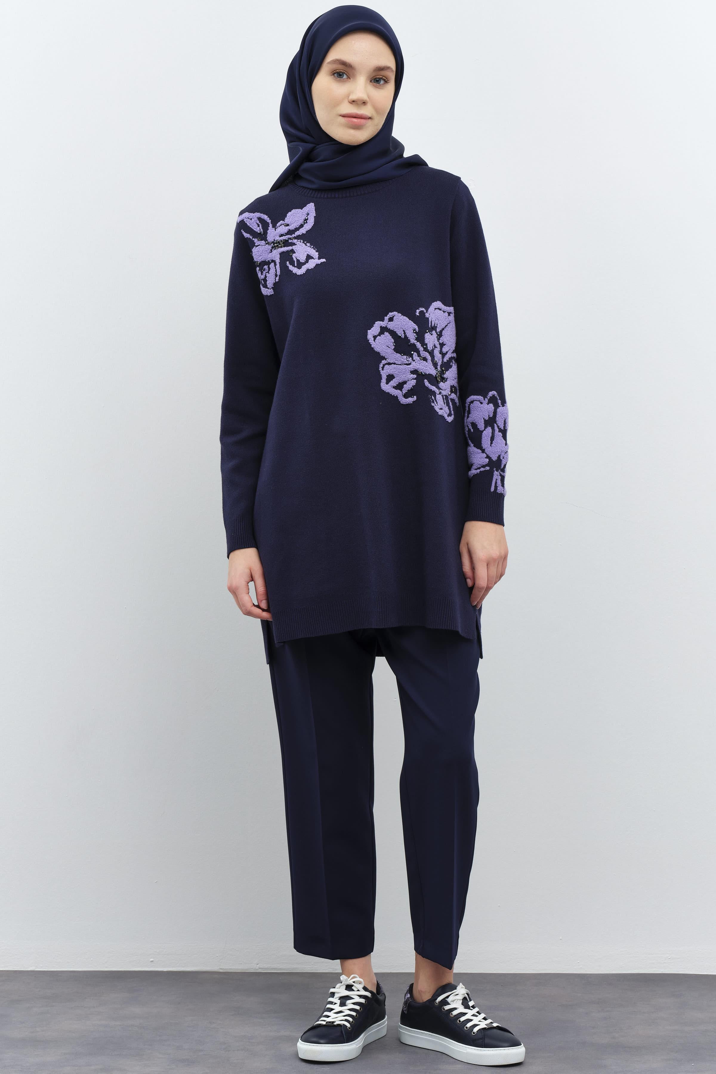 Çiçek Desenli Triko Tunik - Lacivert TUGBA