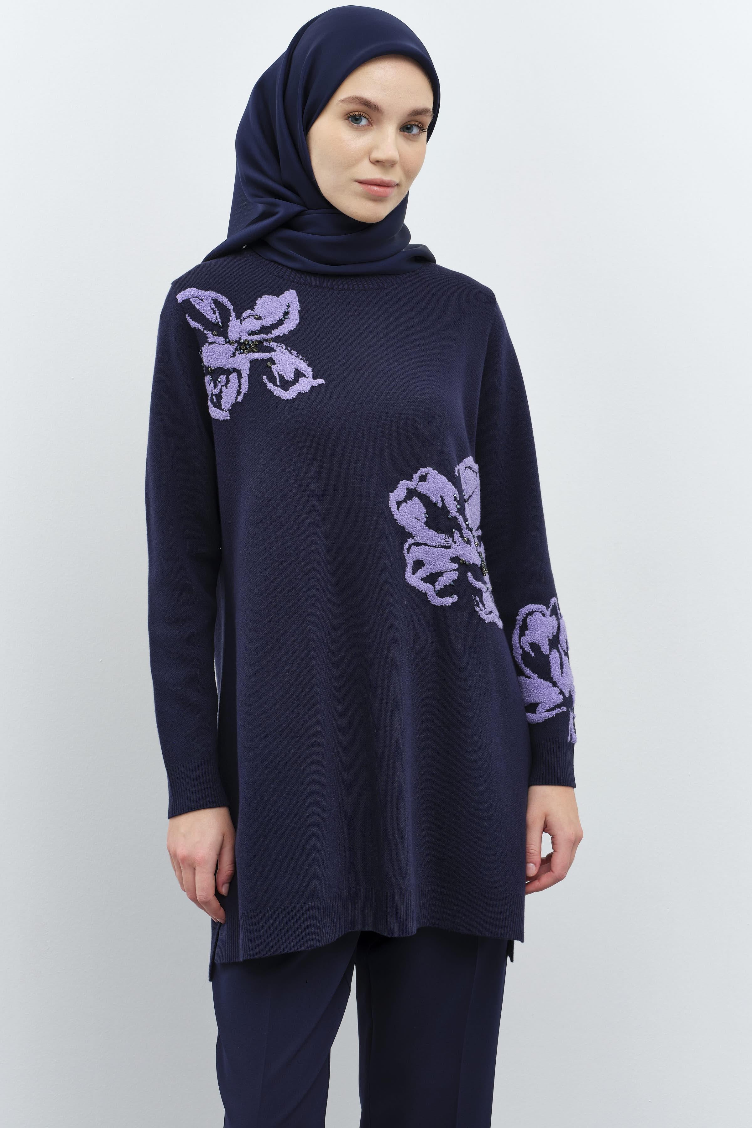 Çiçek Desenli Triko Tunik - Lacivert TUGBA
