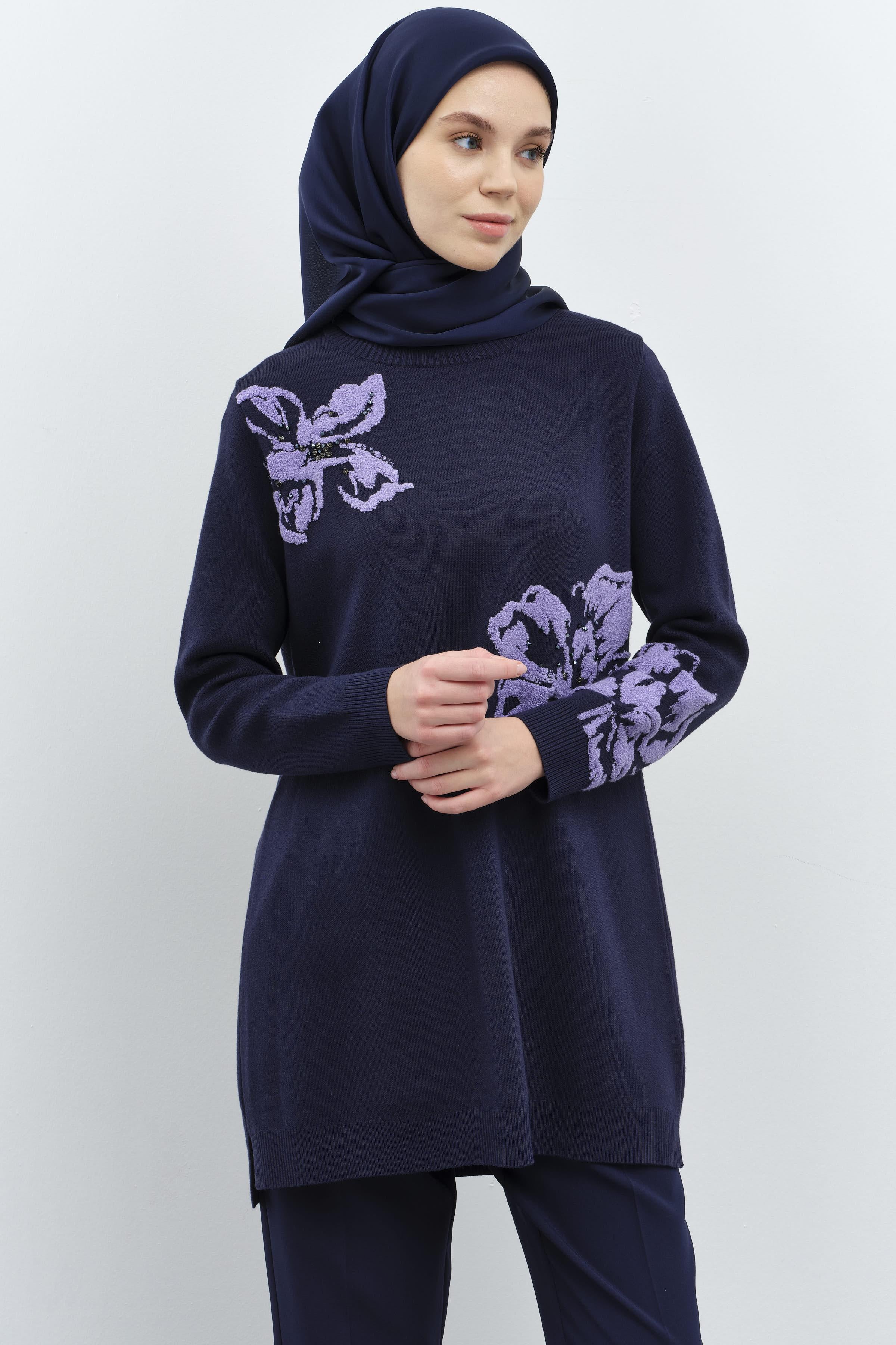Çiçek Desenli Triko Tunik - Lacivert TUGBA