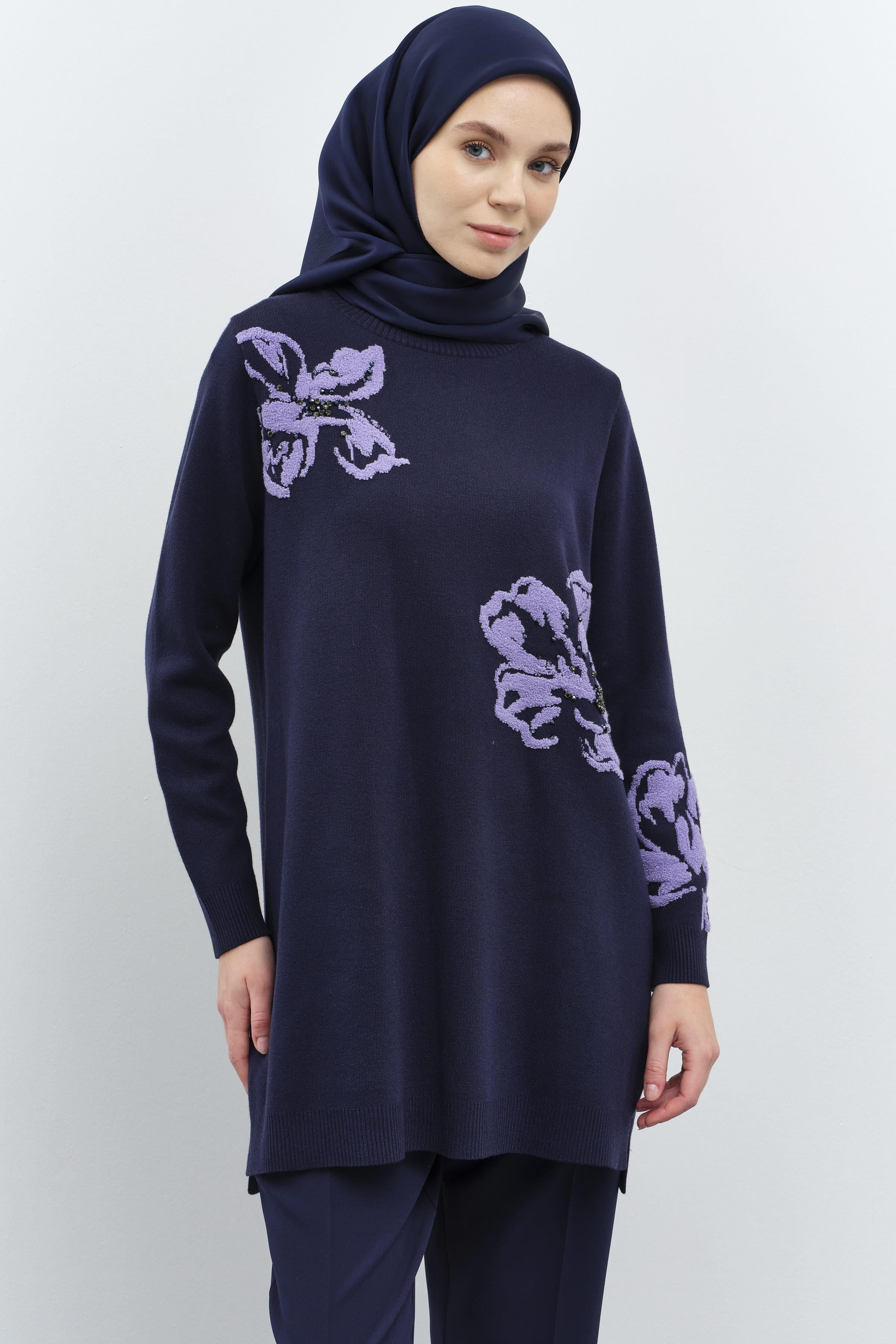 Çiçek Desenli Triko Tunik - Lacivert TUGBA