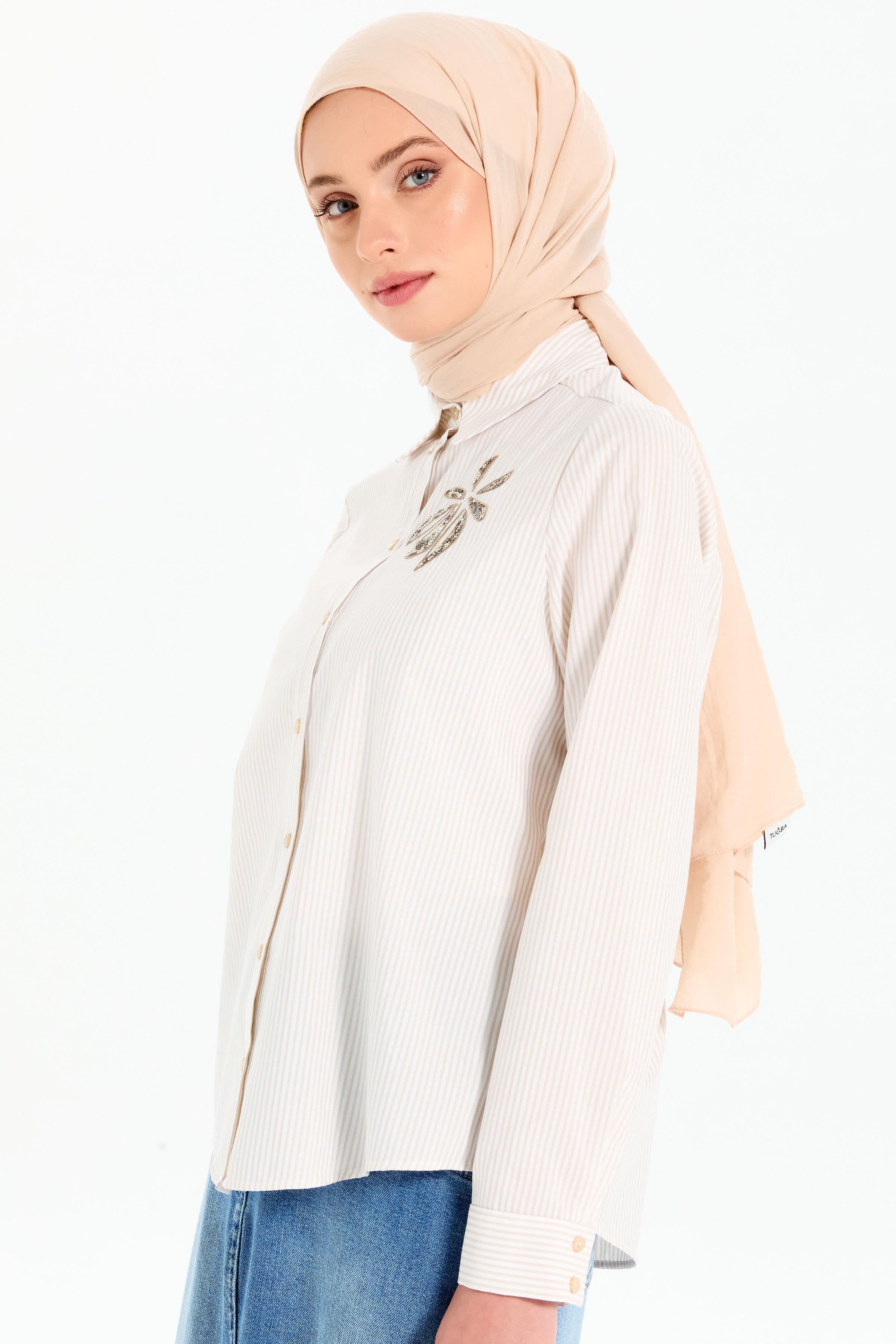 Çiçek Nakışlı Çizgili Gömlek - Bej TUGBA