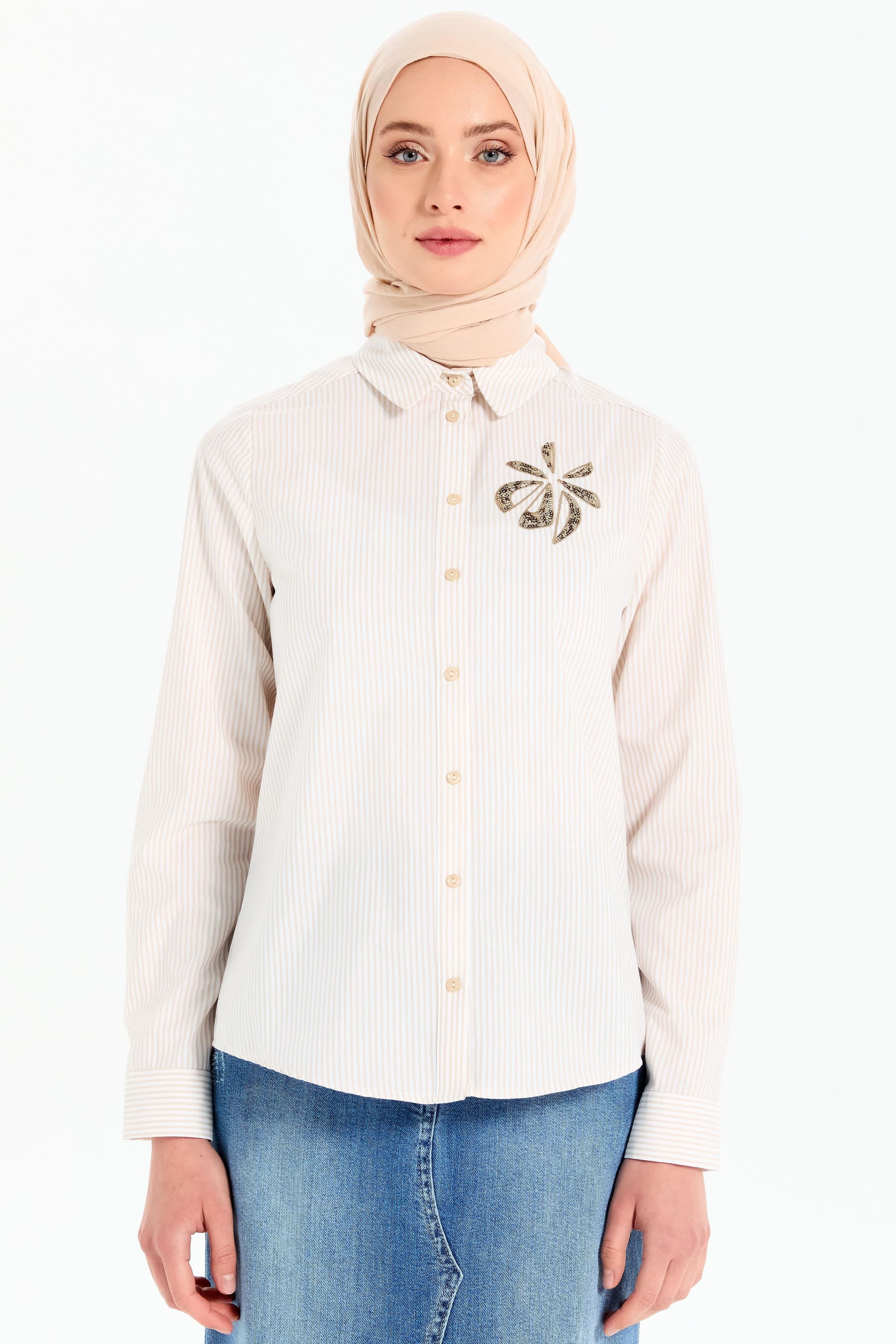 Çiçek Nakışlı Çizgili Gömlek - Bej TUGBA