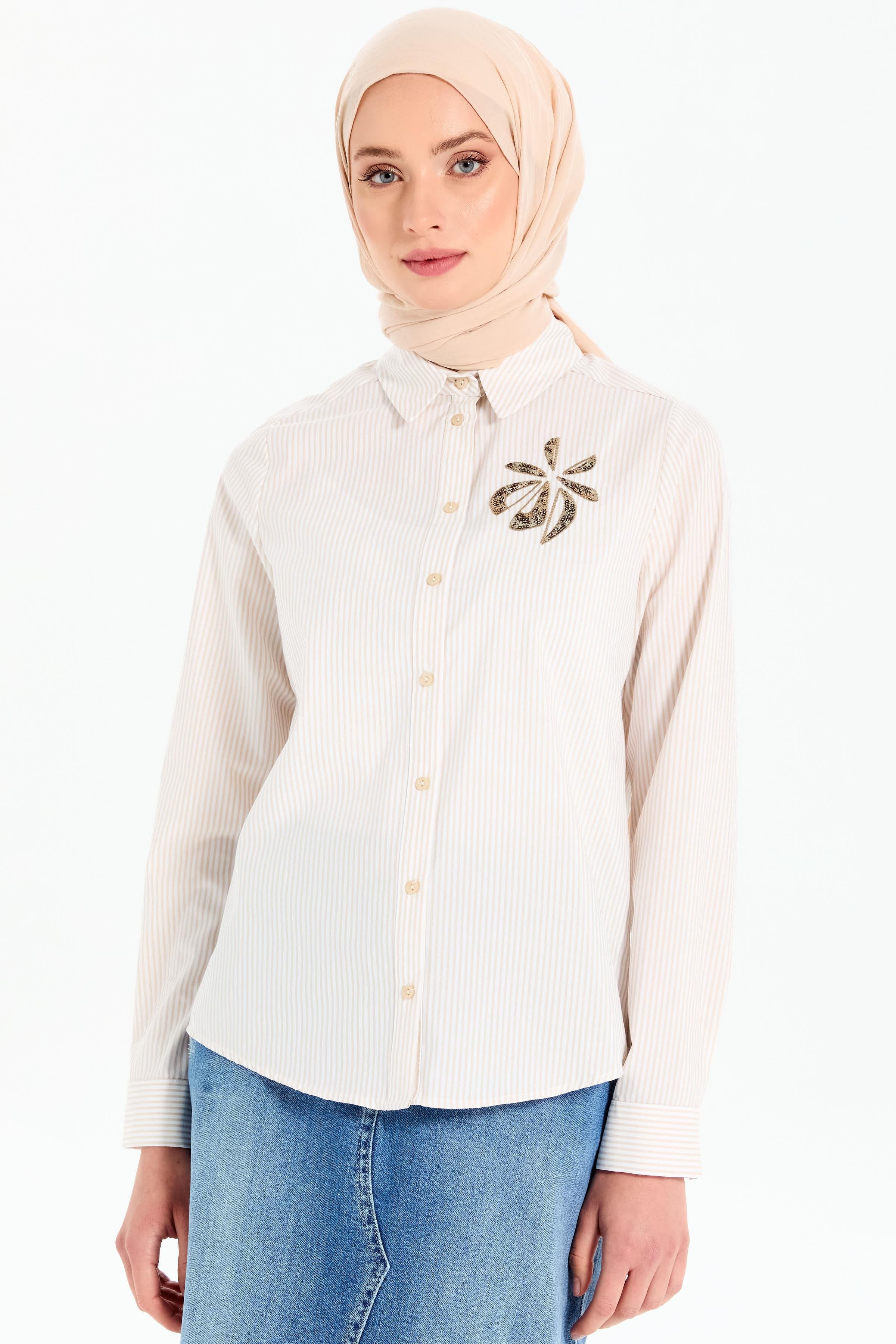 Çiçek Nakışlı Çizgili Gömlek - Bej TUGBA