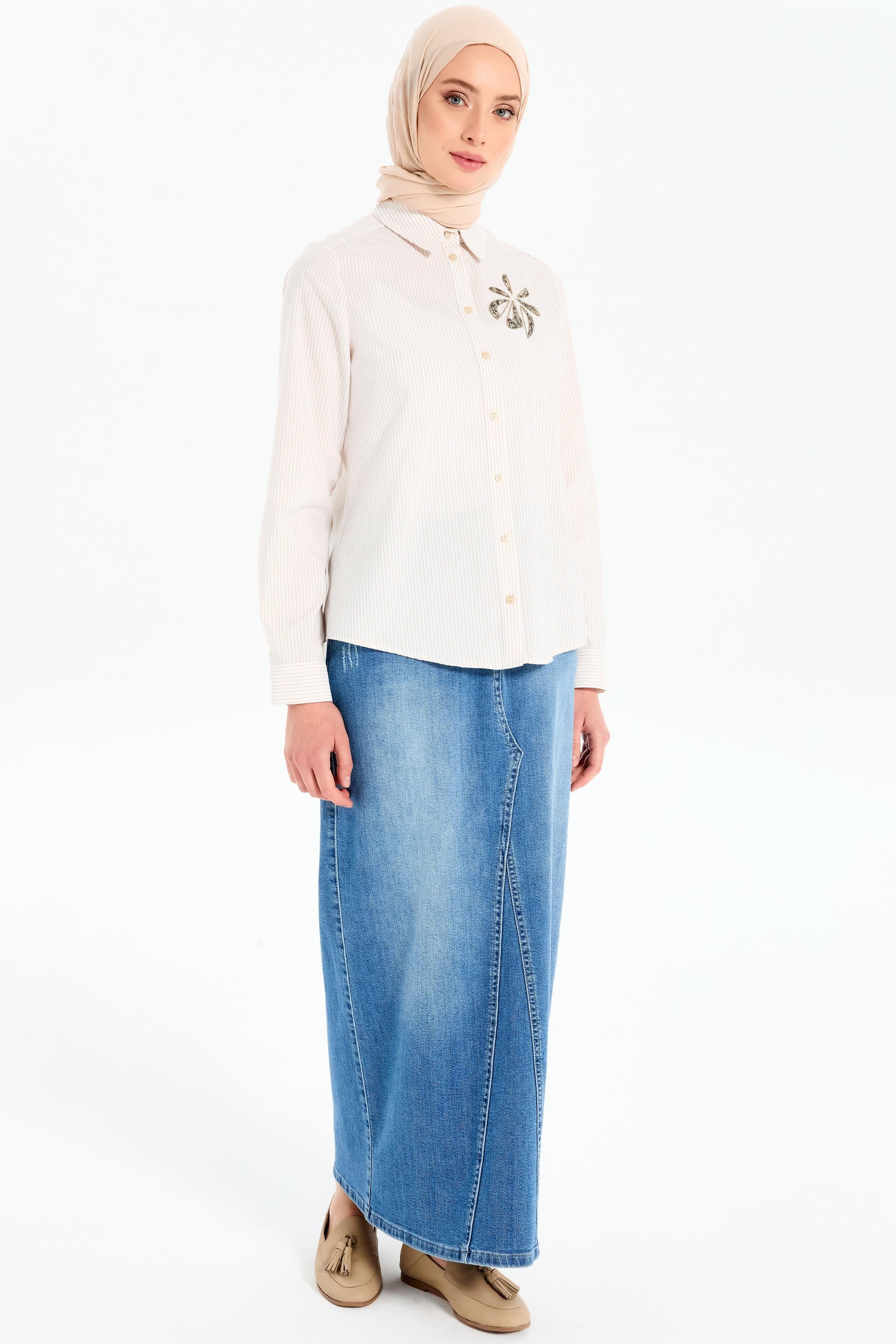 Çiçek Nakışlı Çizgili Gömlek - Bej TUGBA