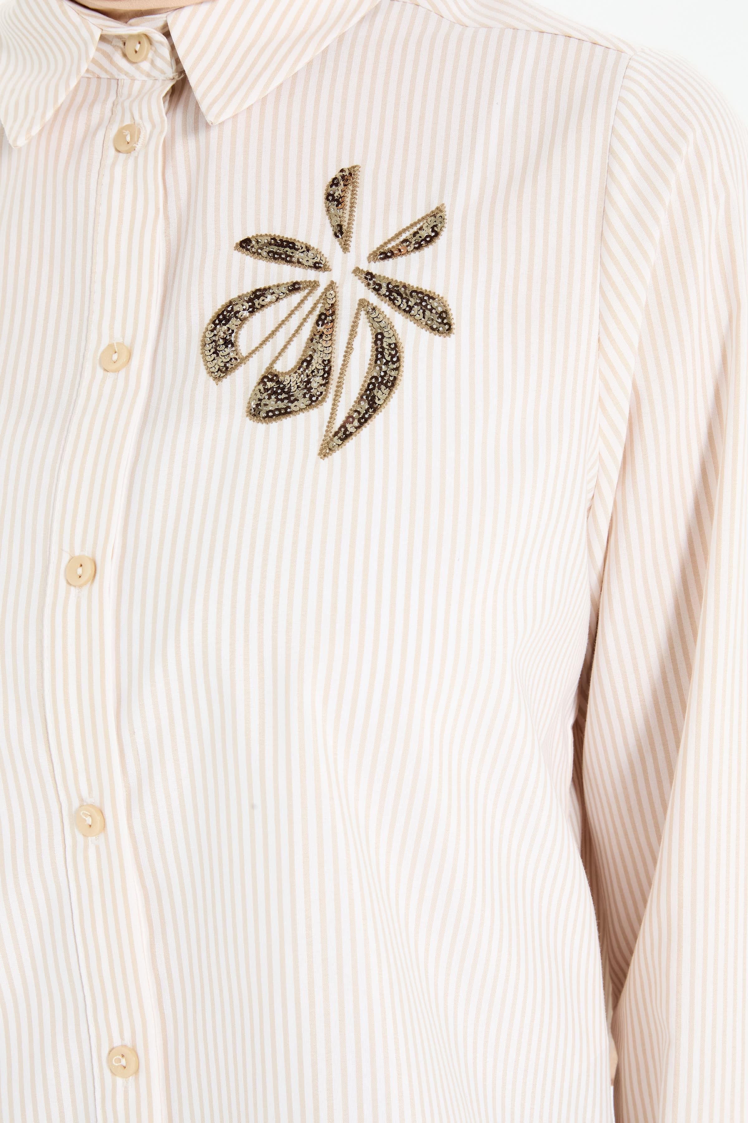 Çiçek Nakışlı Çizgili Gömlek - Bej TUGBA