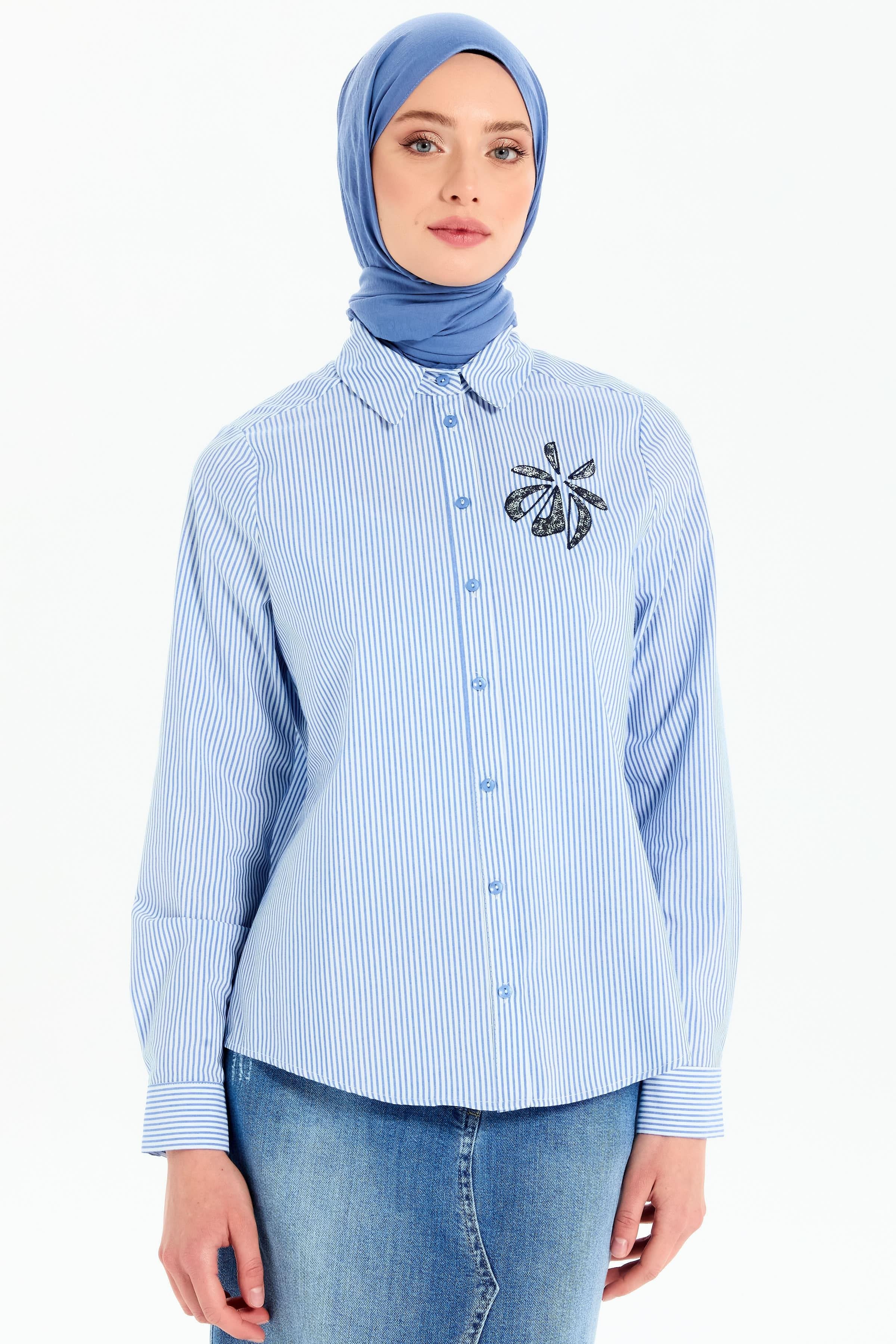 Çiçek Nakışlı Çizgili Gömlek - Mavi TUGBA