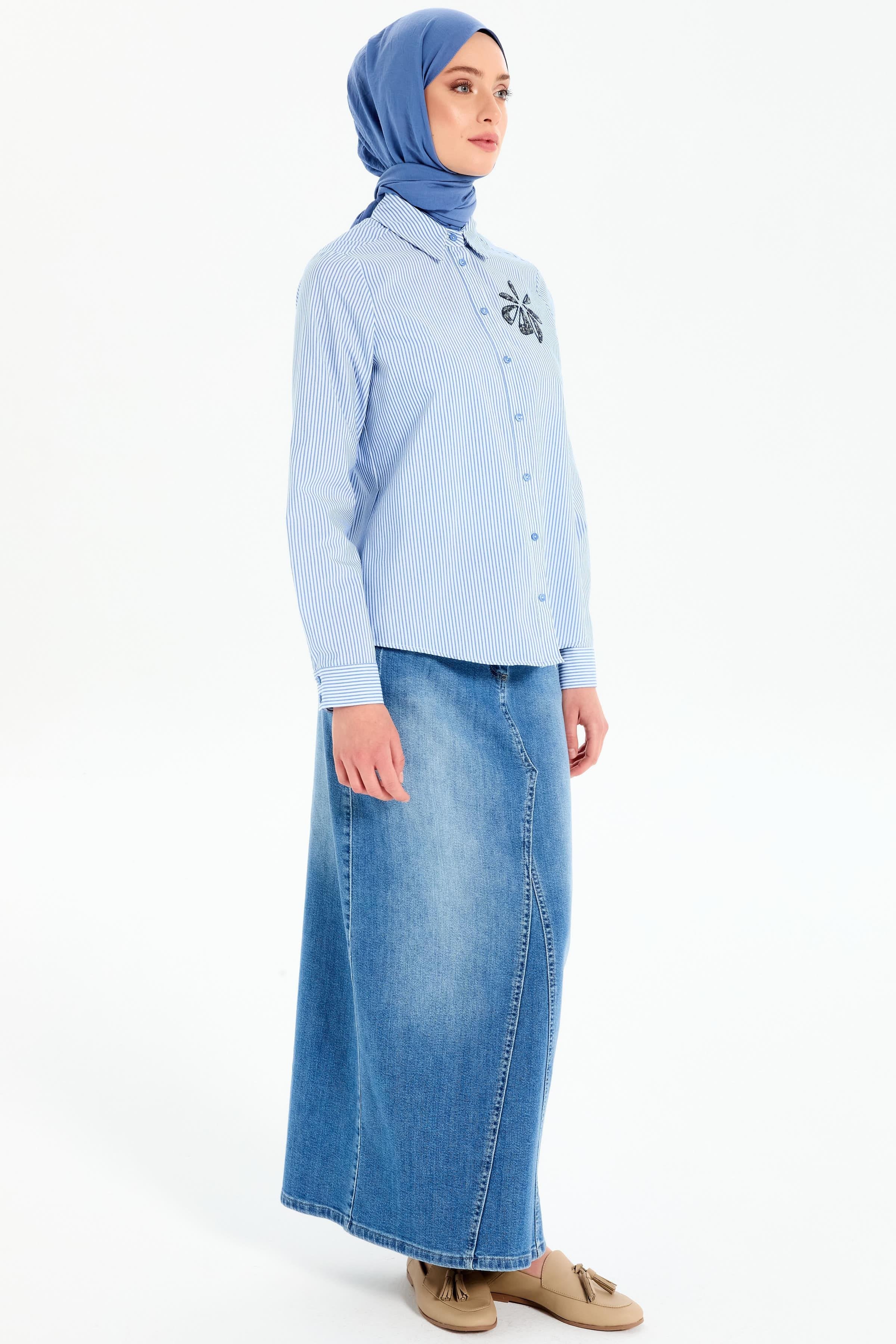 Çiçek Nakışlı Çizgili Gömlek - Mavi TUGBA