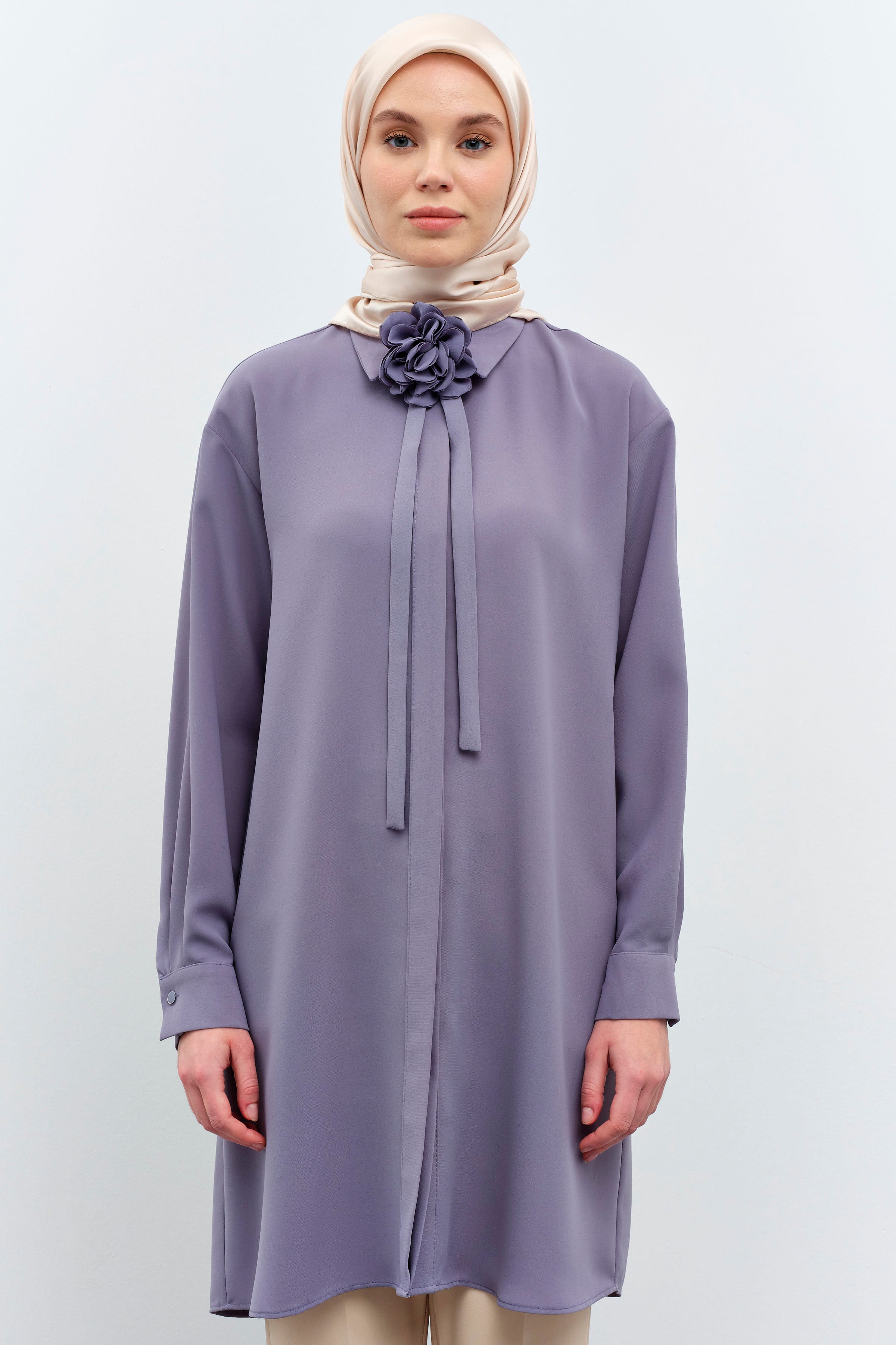 Çiçekli Kravat Detaylı Tunik - Lila TUGBA