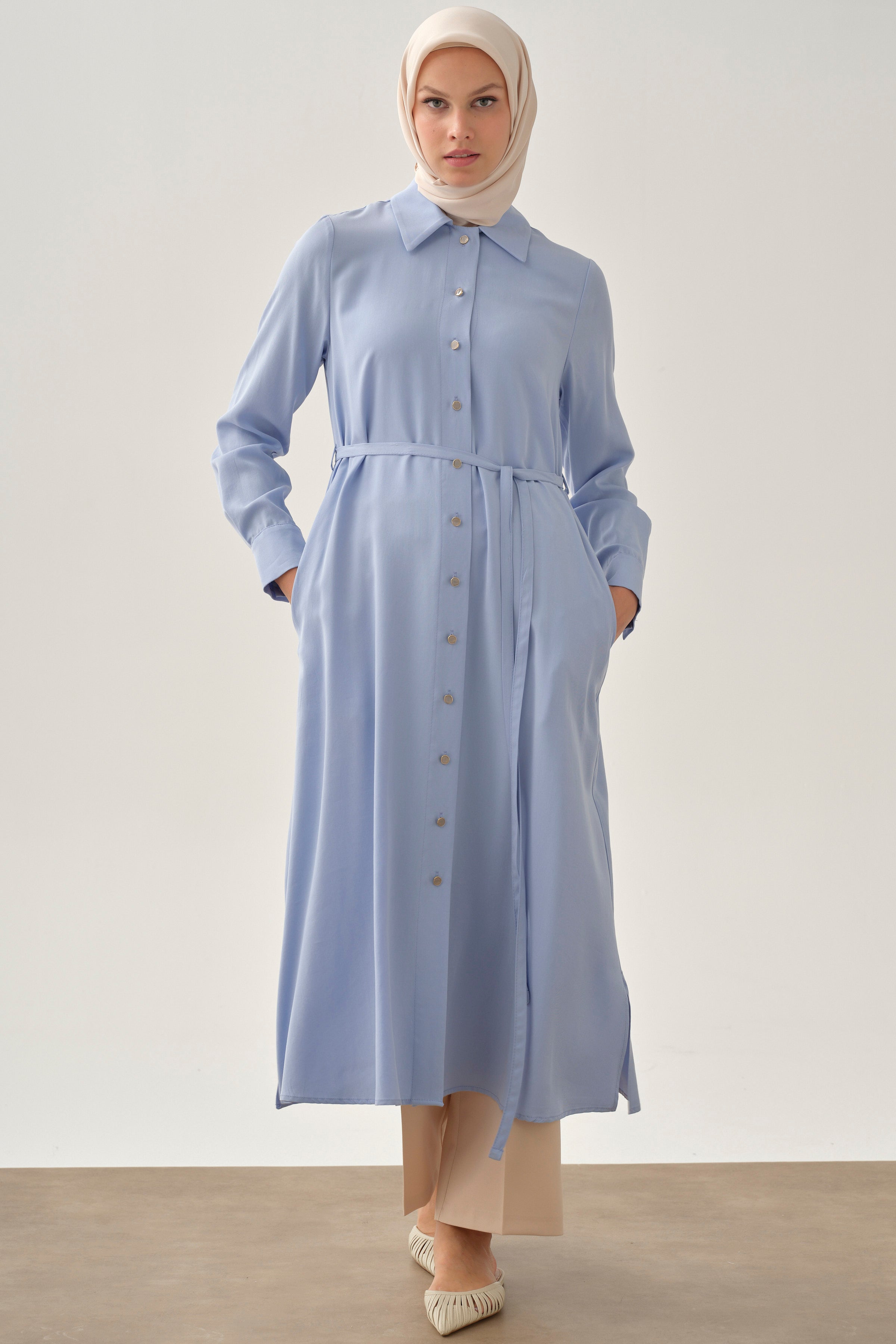 Çift Dolama Kemerli Uzun Tunik - Açık Mavi TUGBA