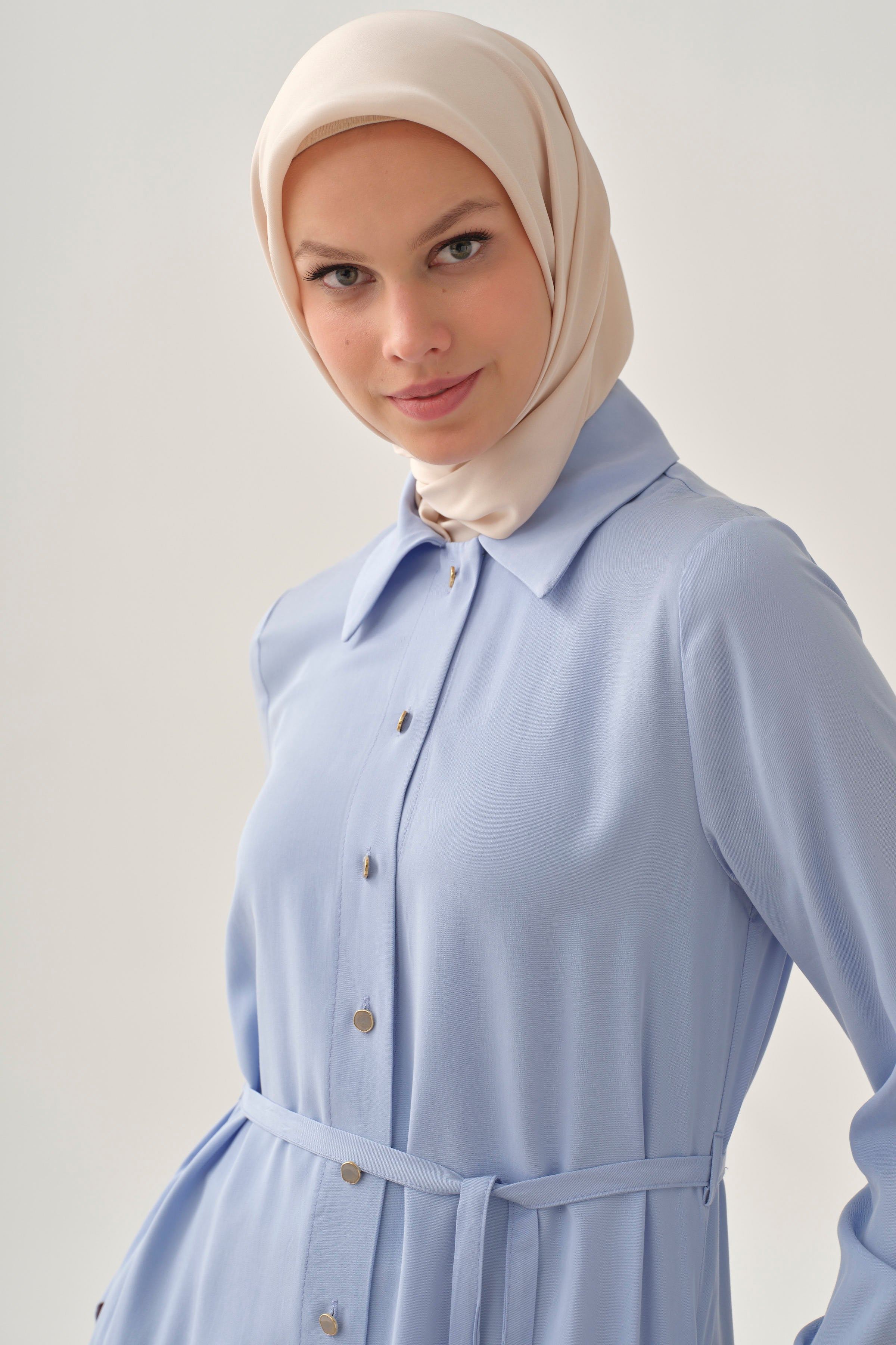 Çift Dolama Kemerli Uzun Tunik - Açık Mavi TUGBA