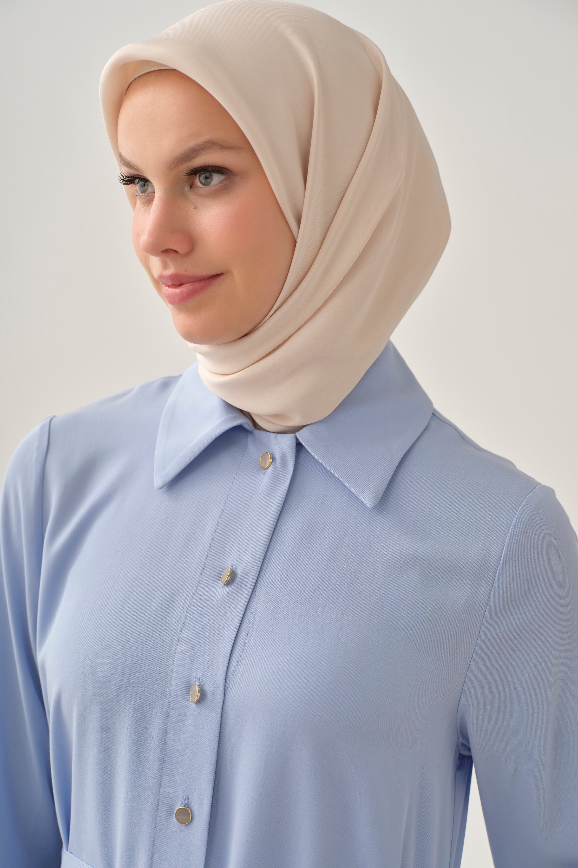 Çift Dolama Kemerli Uzun Tunik - Açık Mavi TUGBA