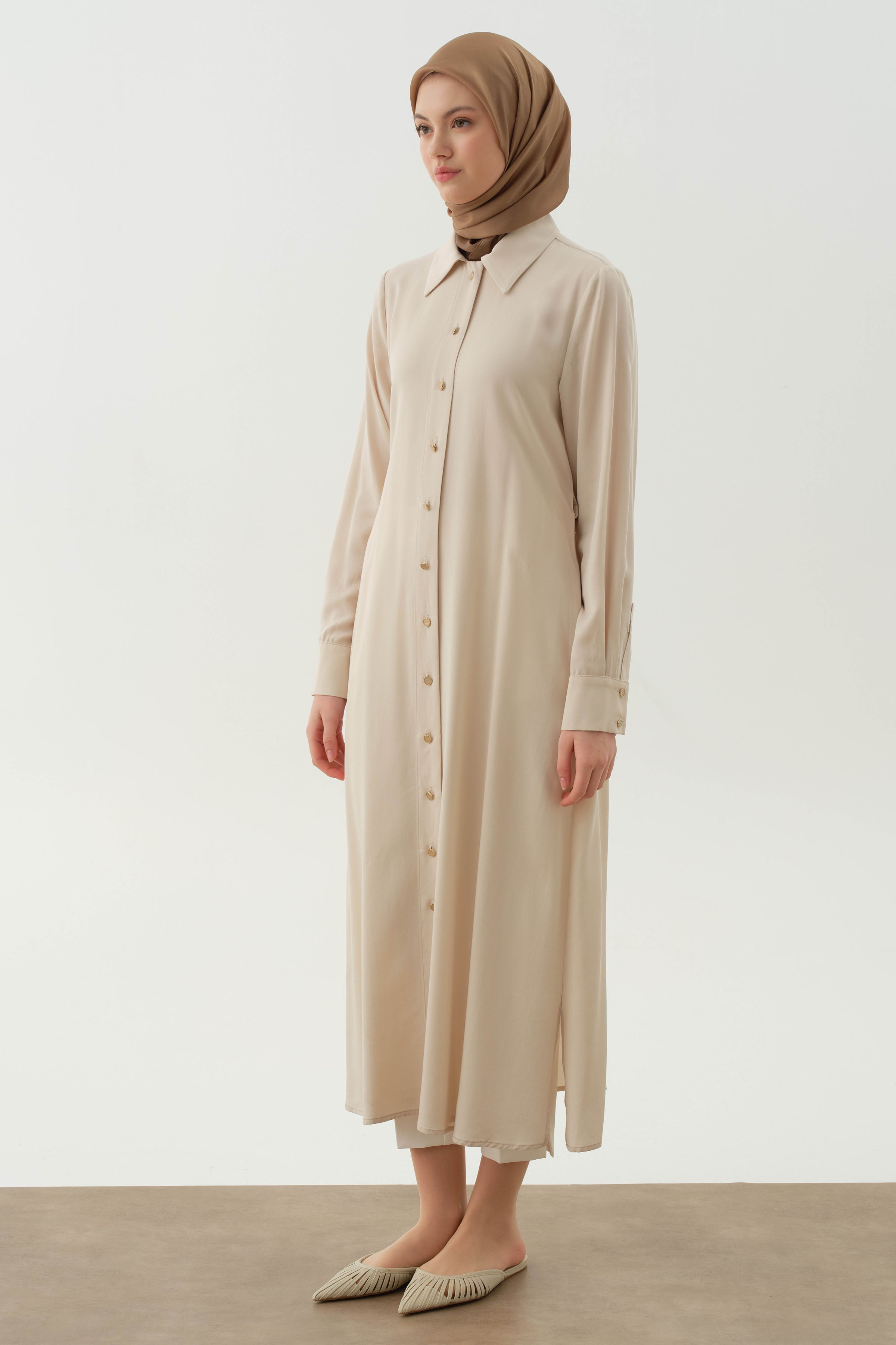 Çift Dolama Kemerli Uzun Tunik - Bej TUGBA