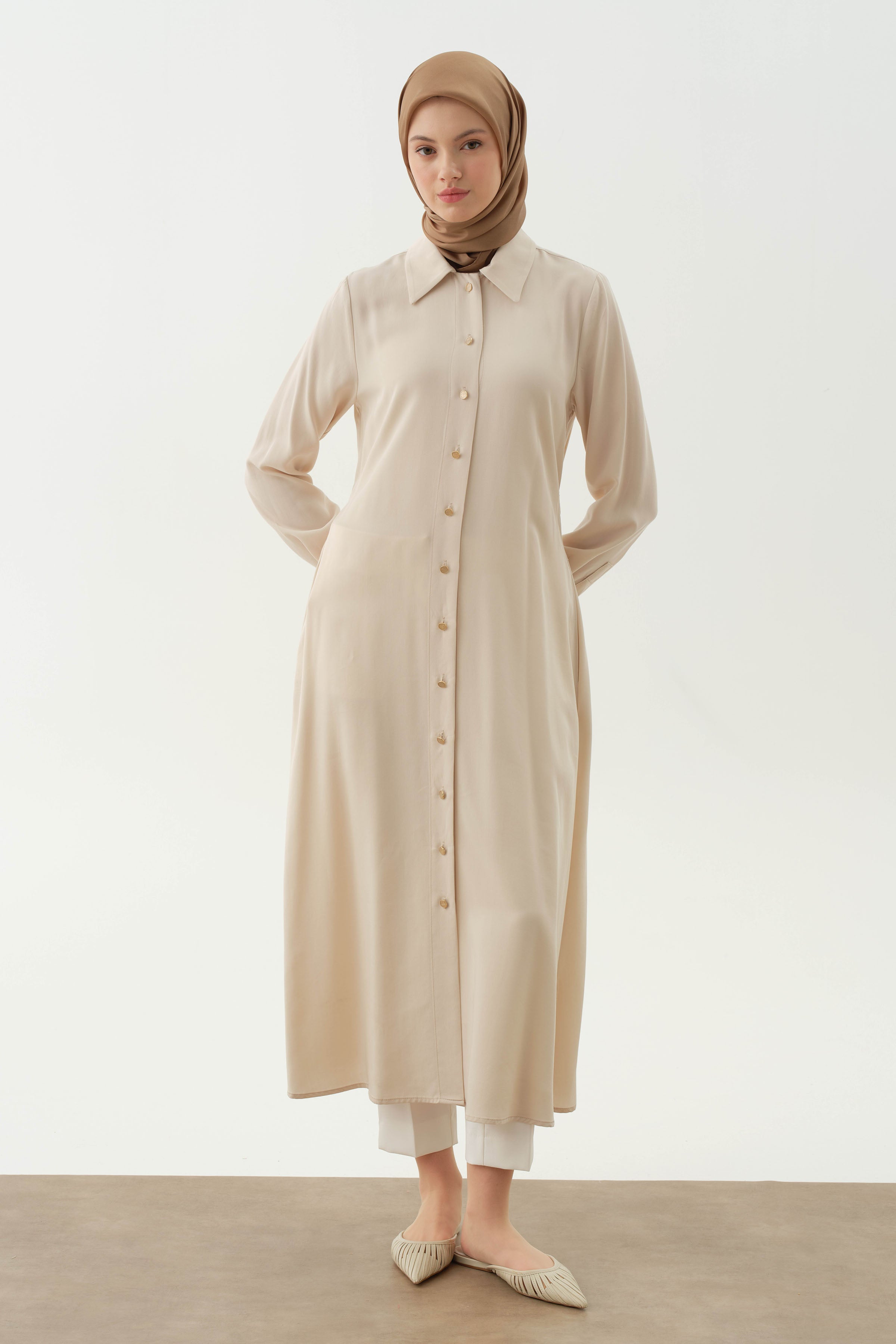 Çift Dolama Kemerli Uzun Tunik - Bej TUGBA