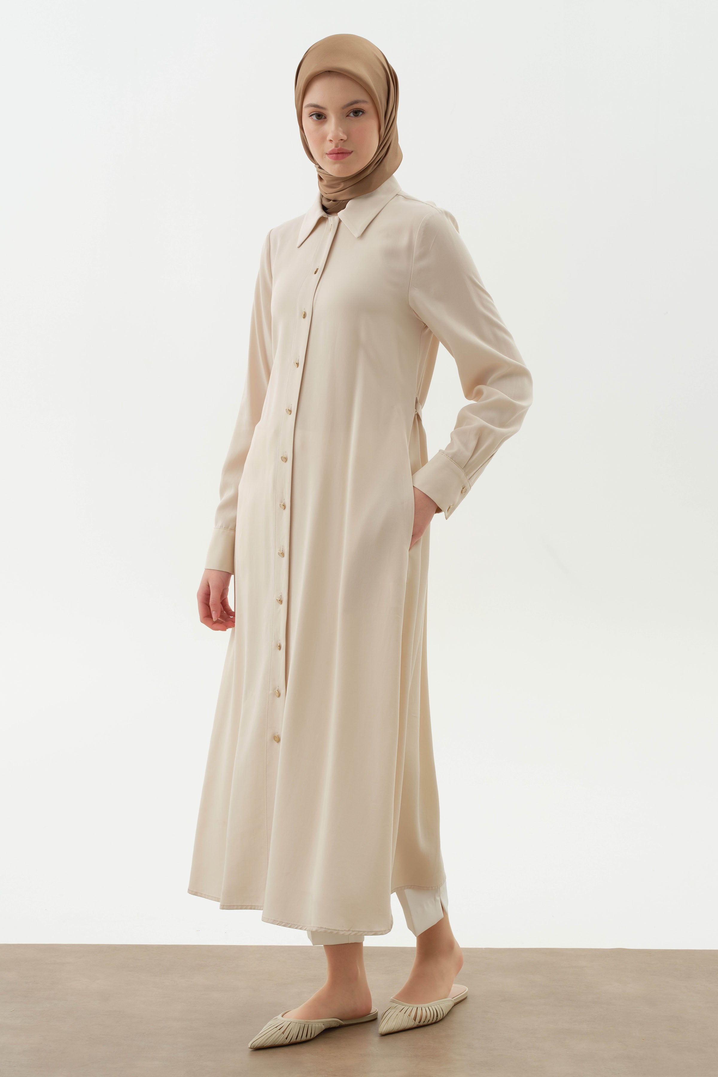 Çift Dolama Kemerli Uzun Tunik - Bej TUGBA