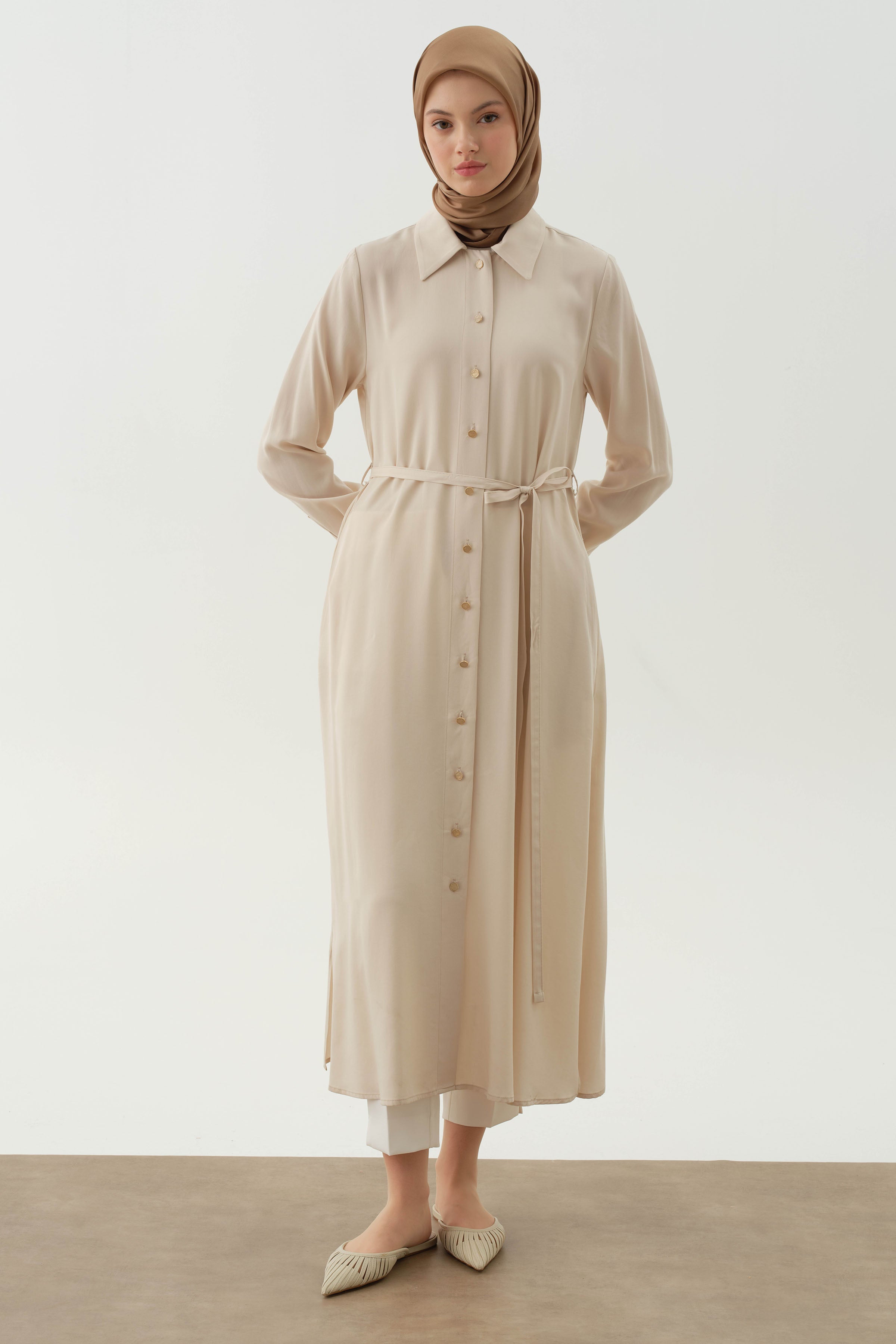 Çift Dolama Kemerli Uzun Tunik - Bej TUGBA