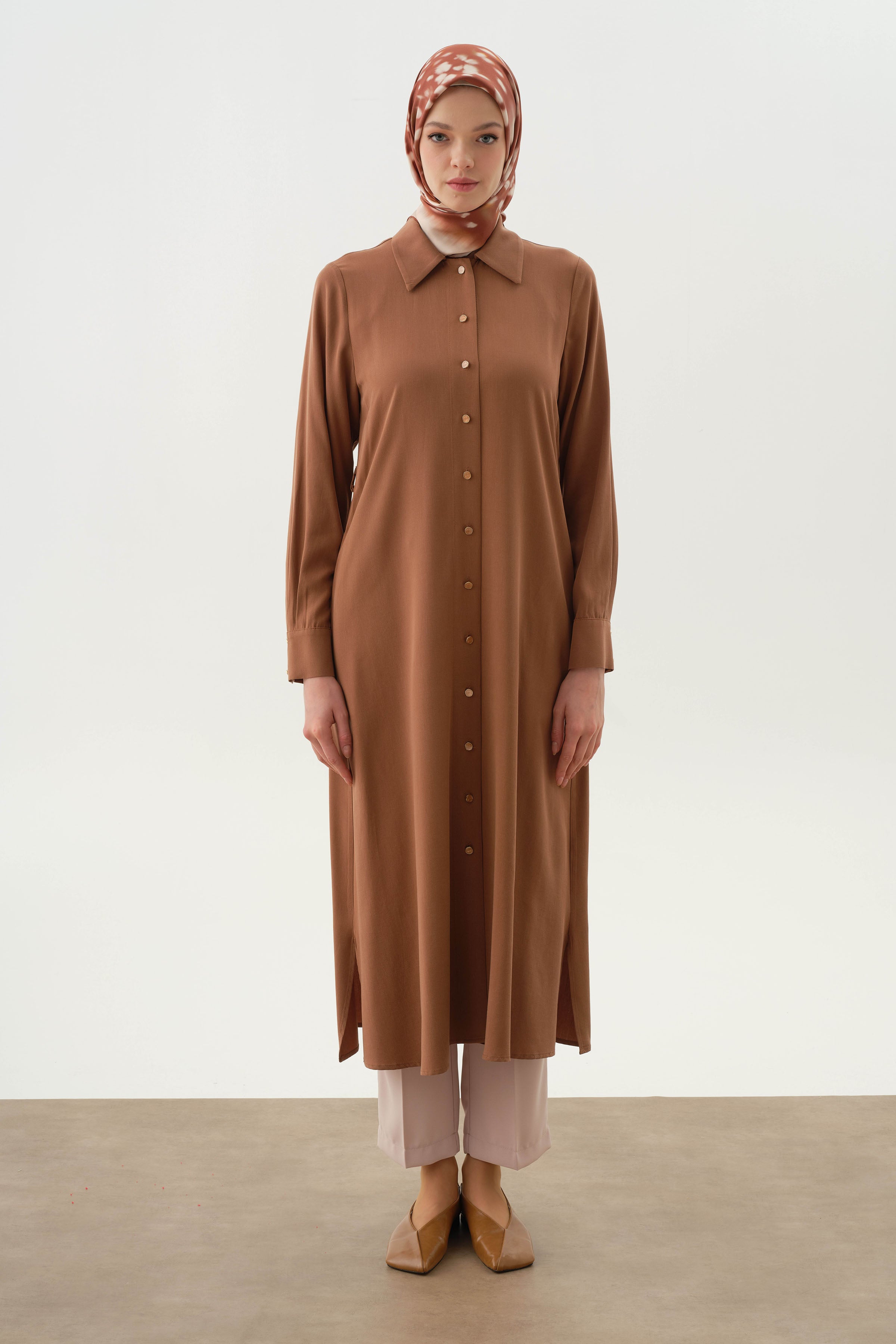 Çift Dolama Kemerli Uzun Tunik - Kahve TUGBA