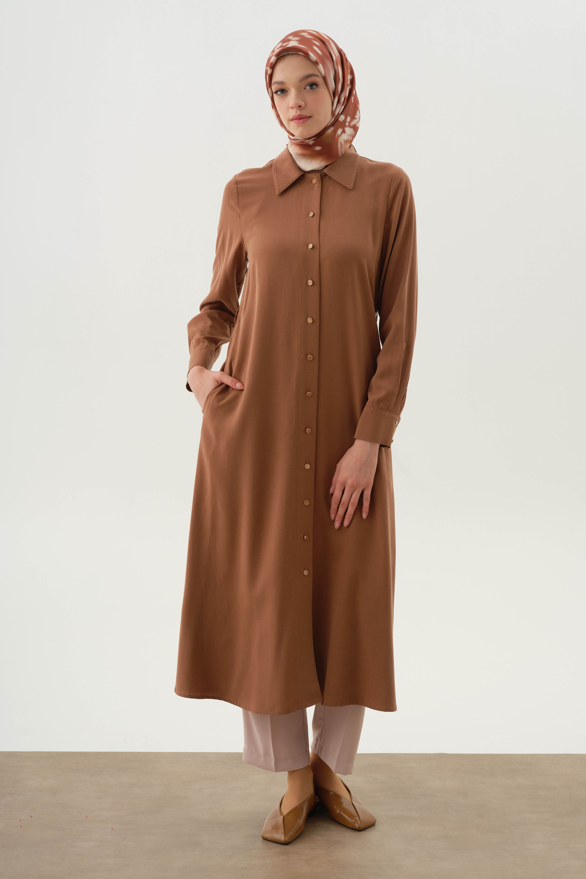 Çift Dolama Kemerli Uzun Tunik - Kahve TUGBA