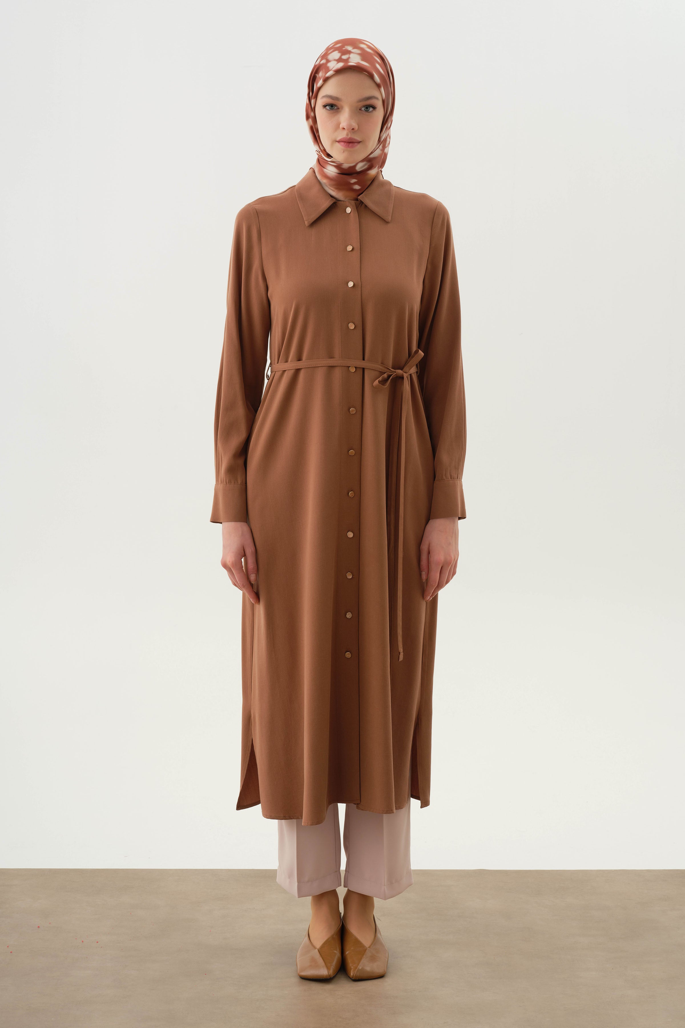 Çift Dolama Kemerli Uzun Tunik - Kahve TUGBA