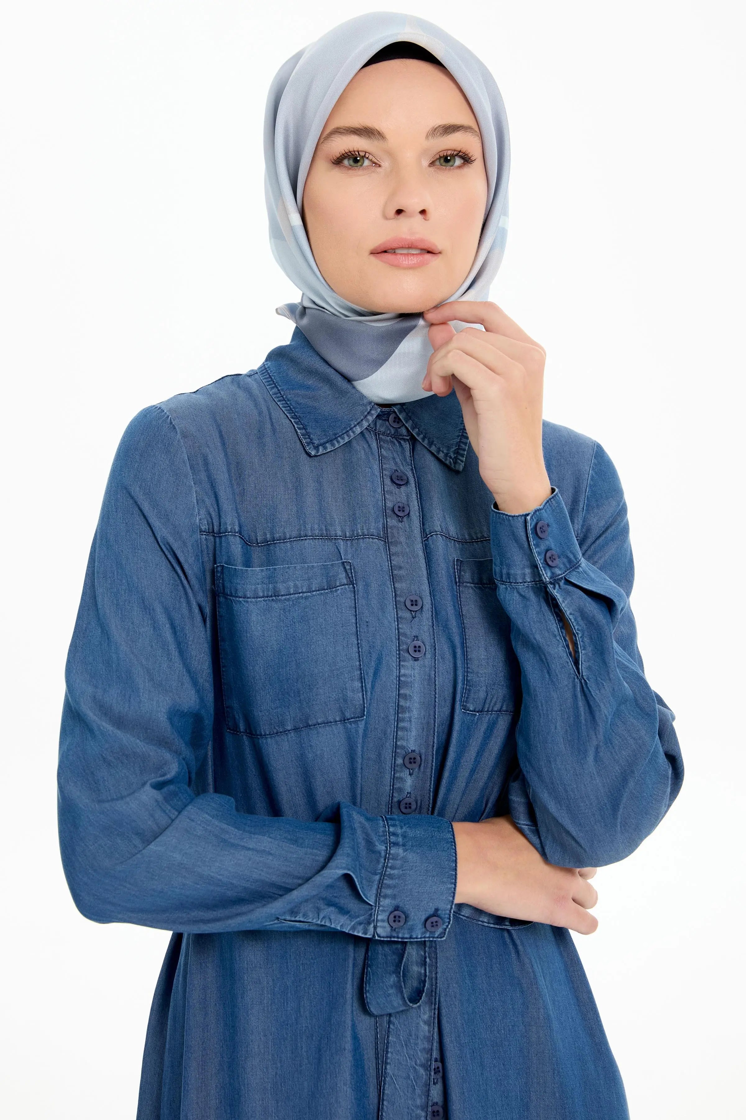 Çift Düğme Detaylı Bel Kuşaklı Denim Elbise - İndigo TUGBA