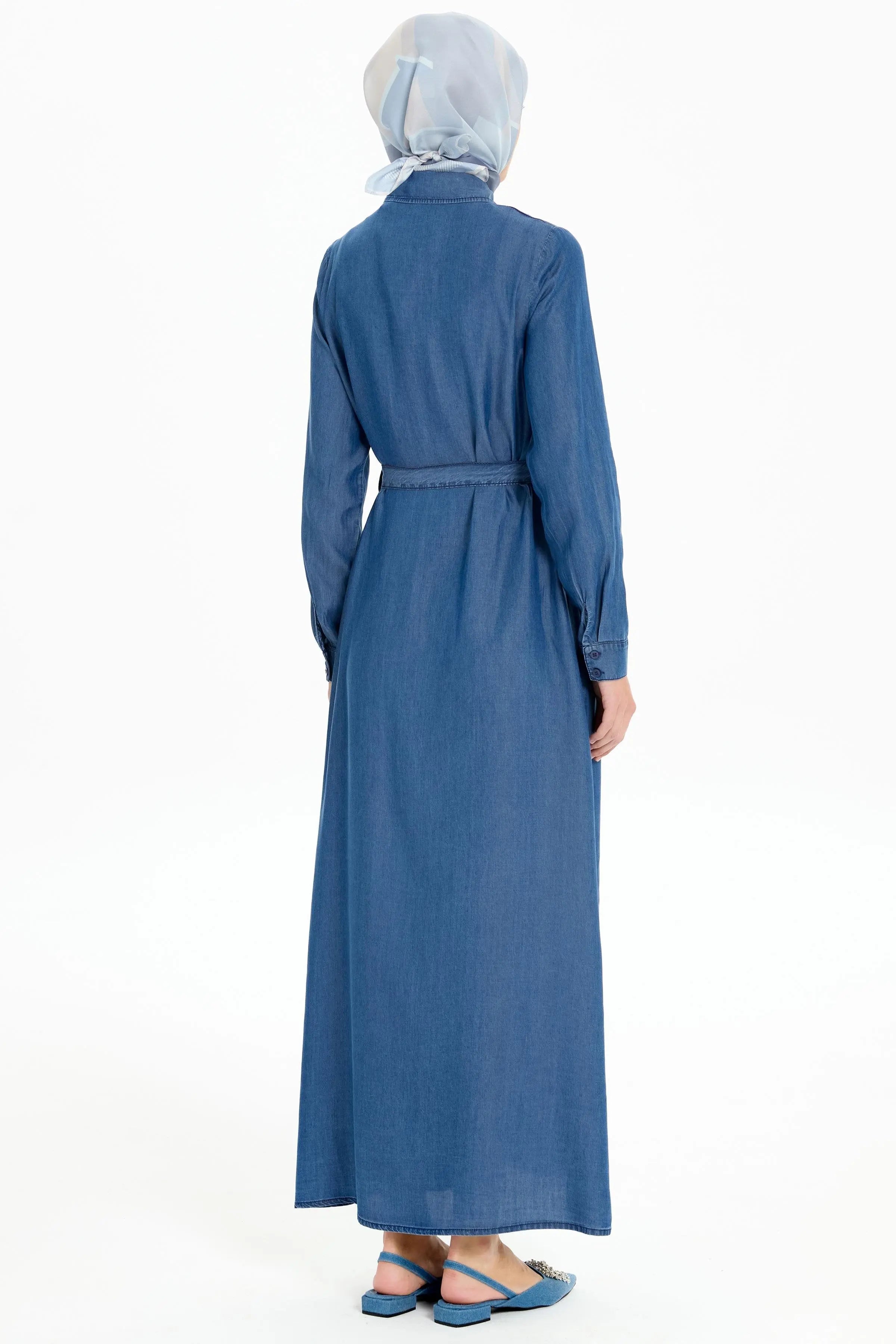 Çift Düğme Detaylı Bel Kuşaklı Denim Elbise - İndigo TUGBA