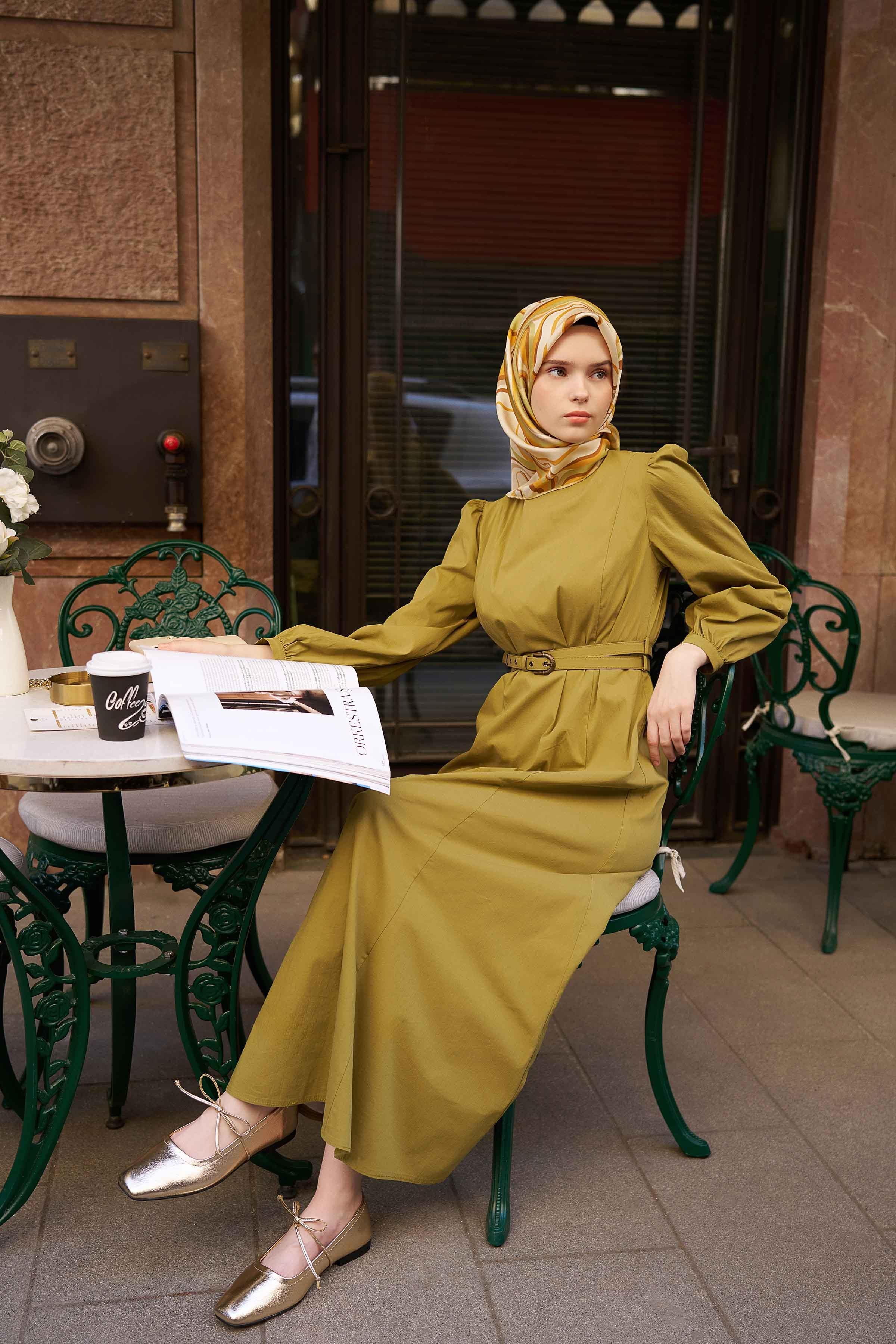 Çift Kat Kemerli Elbise - Haki TUGBA