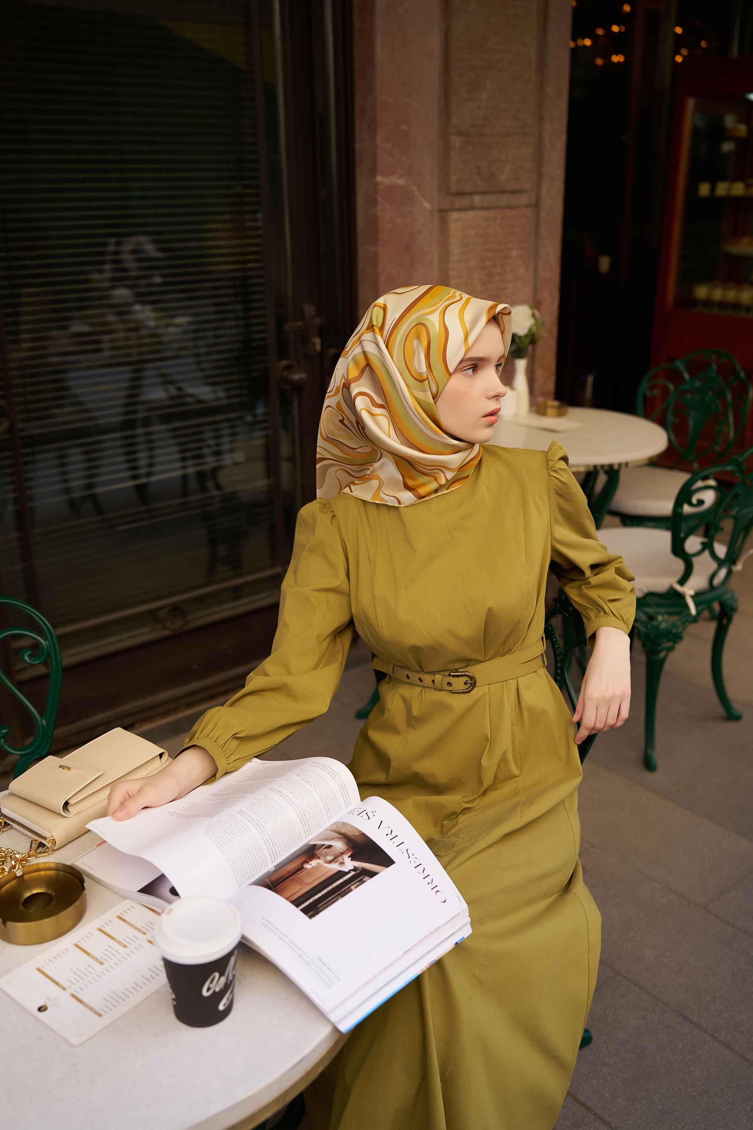 Çift Kat Kemerli Elbise - Haki TUGBA