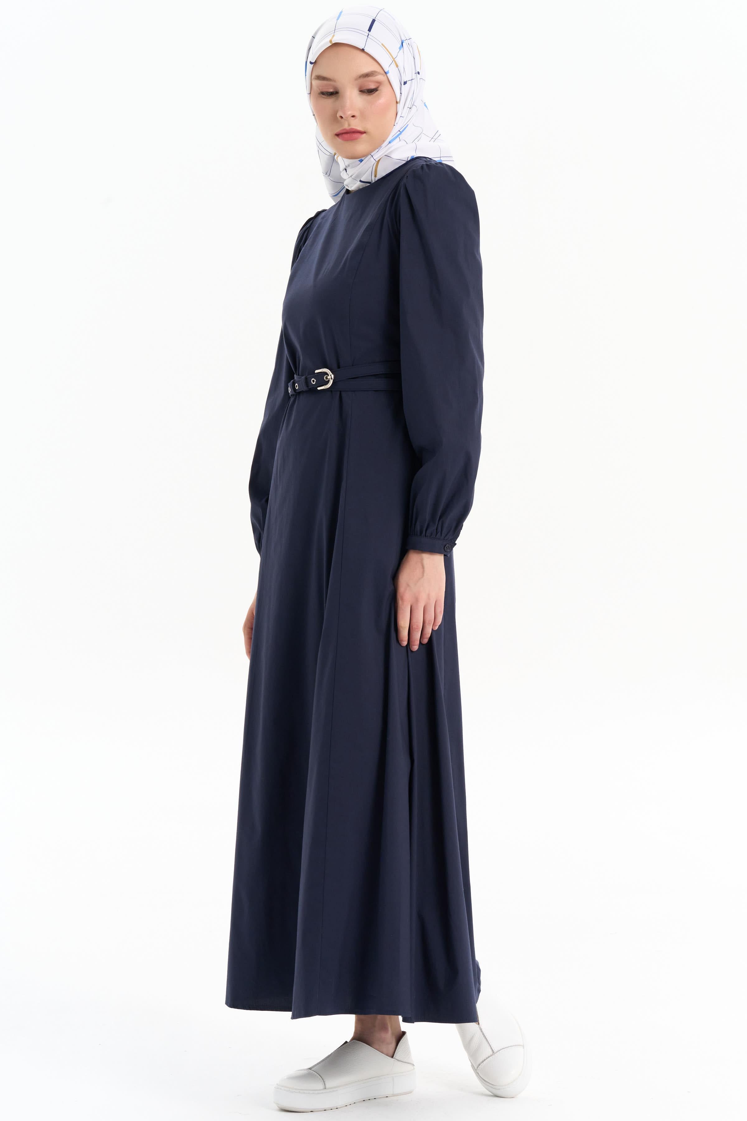 Çift Kat Kemerli Elbise - Lacivert TUGBA