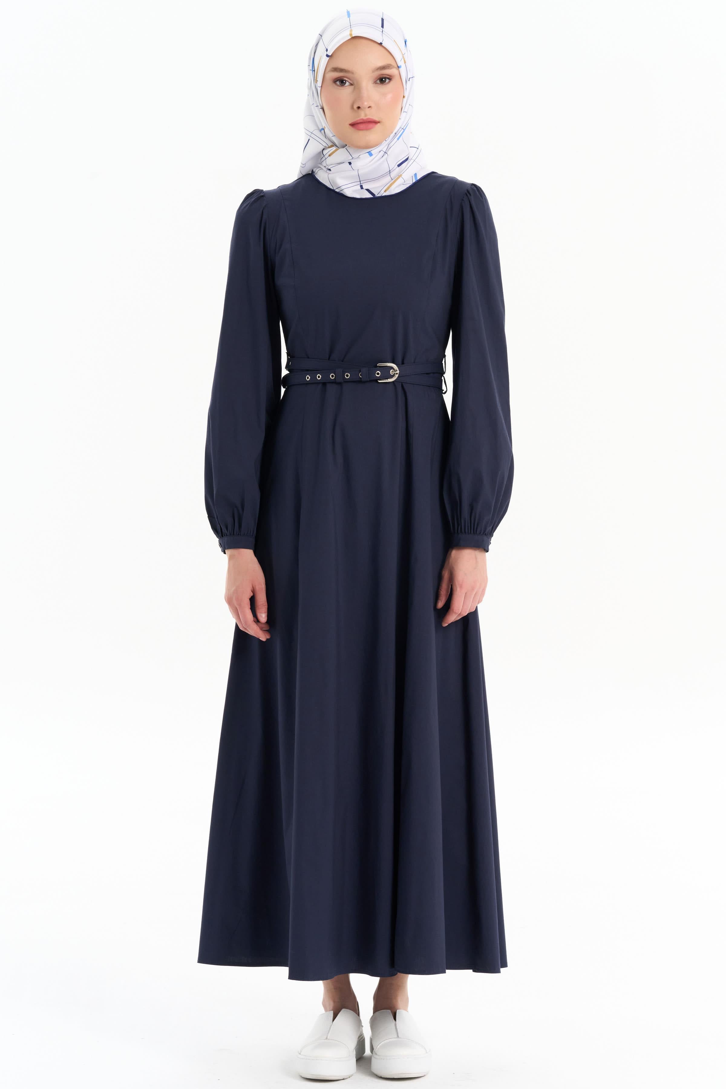 Çift Kat Kemerli Elbise - Lacivert TUGBA