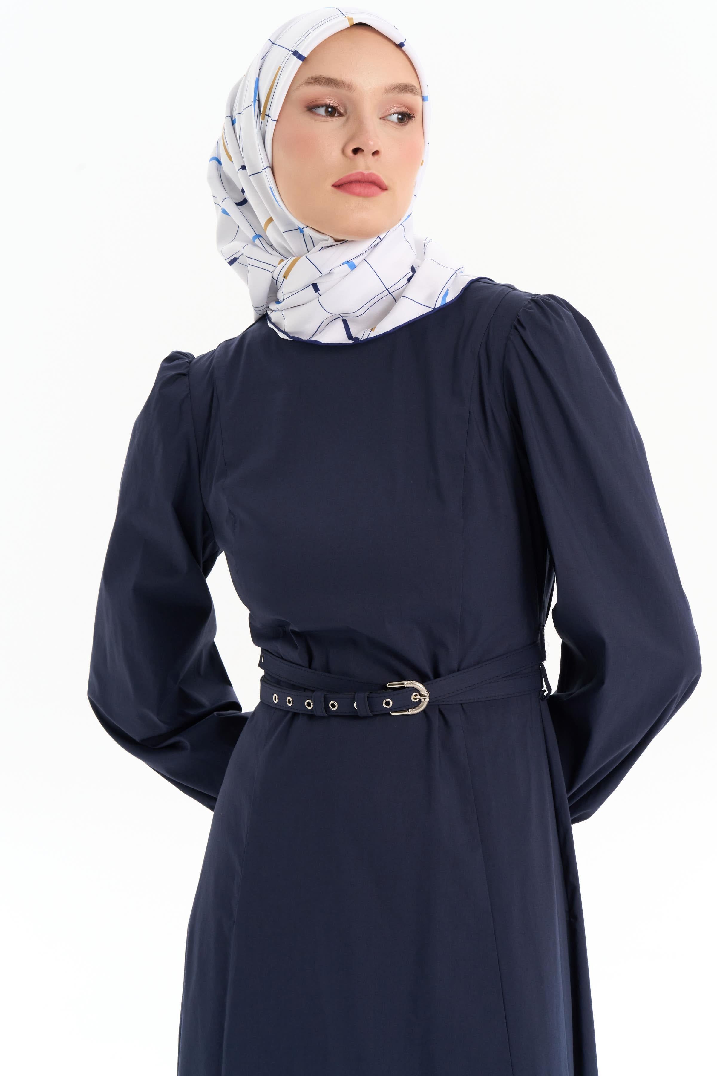 Çift Kat Kemerli Elbise - Lacivert TUGBA