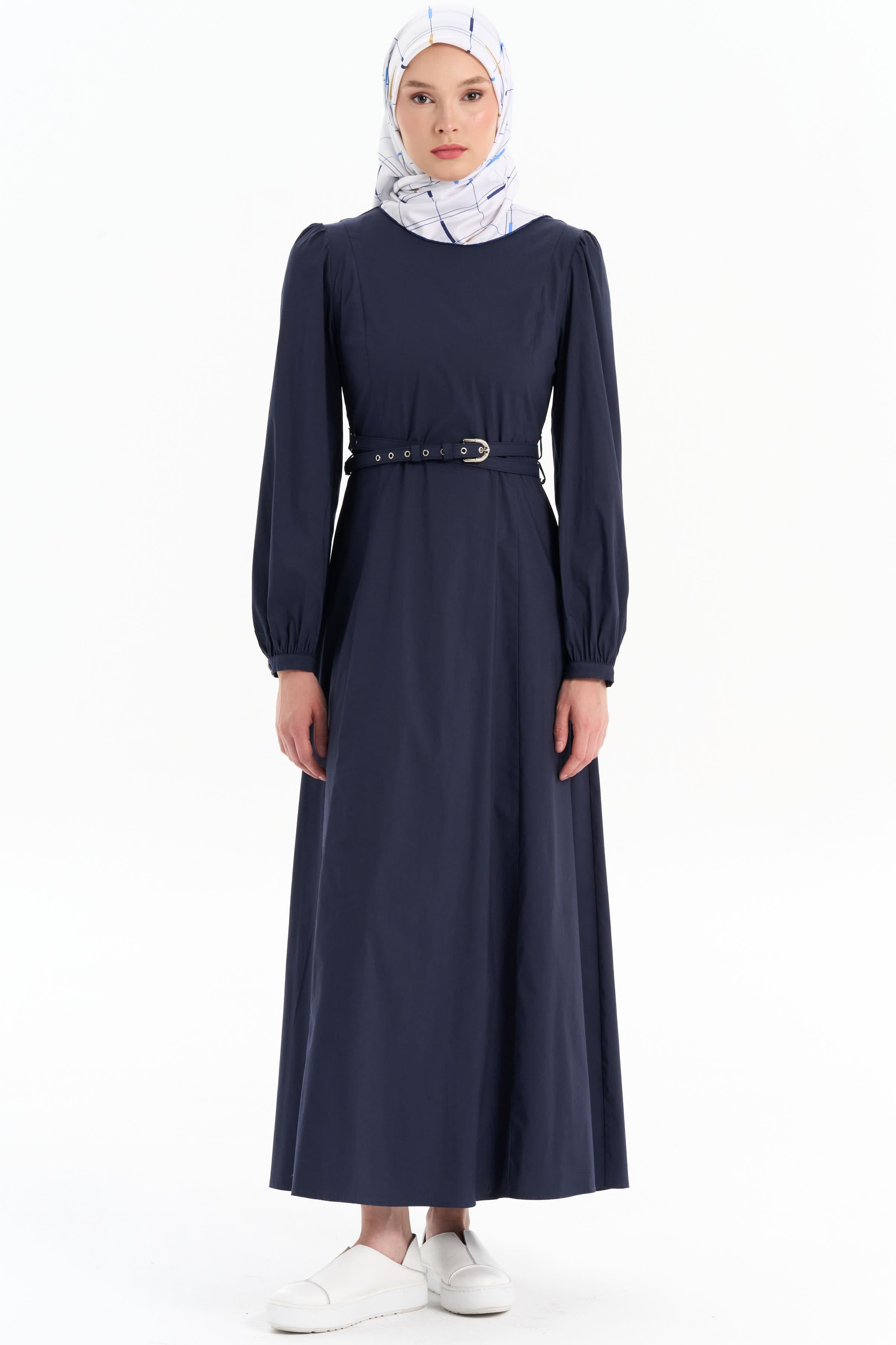 Çift Kat Kemerli Elbise - Lacivert TUGBA