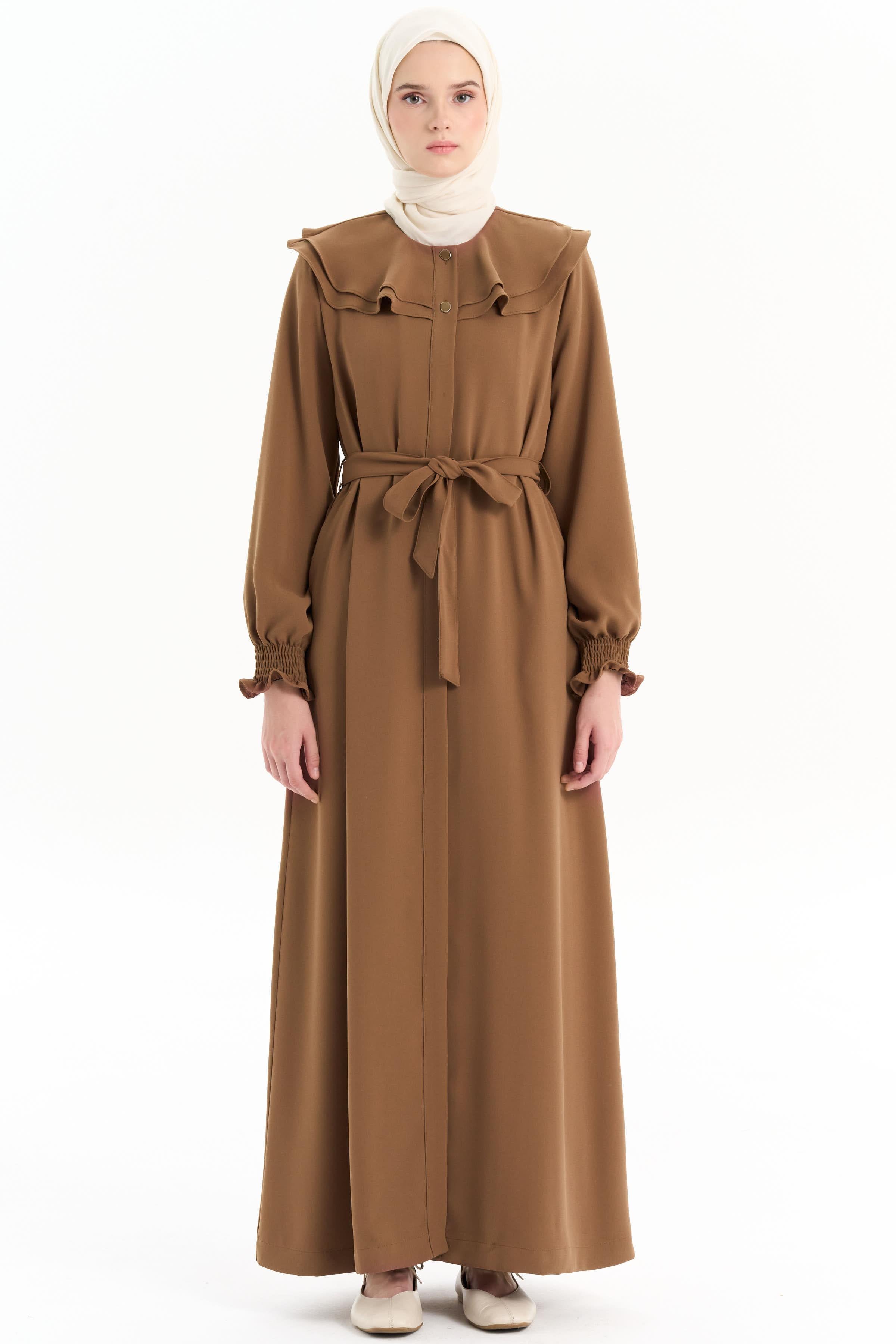 Çift Kat Volan Yaka Detaylı Pardesü - Kahve TUGBA