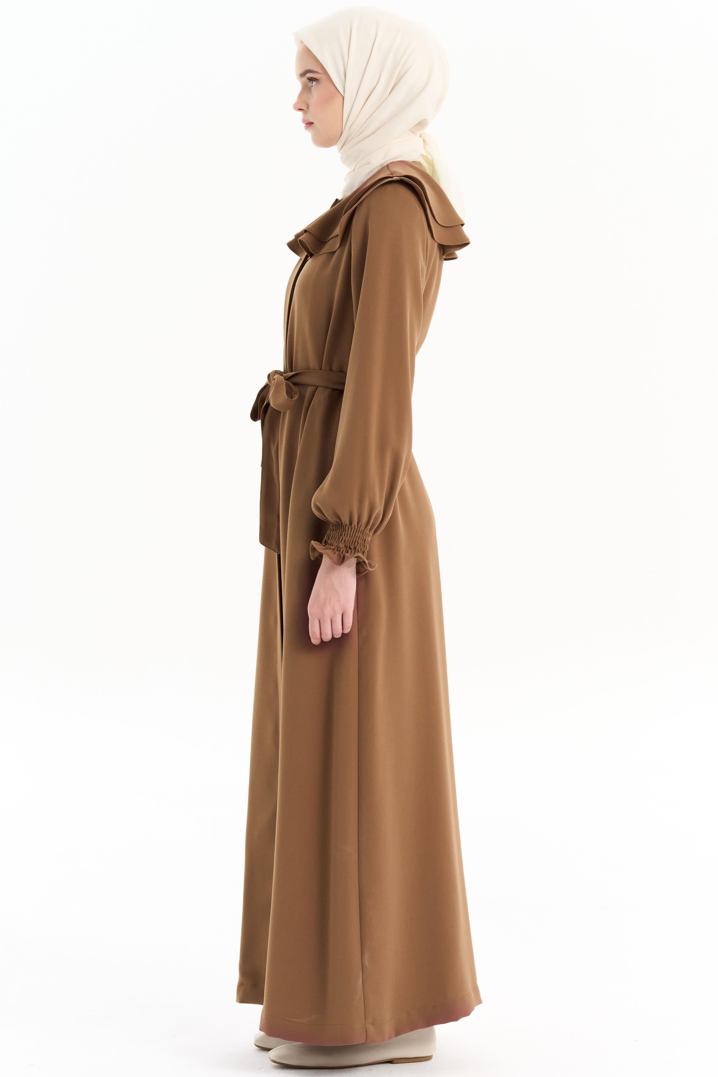 Çift Kat Volan Yaka Detaylı Pardesü - Kahve TUGBA