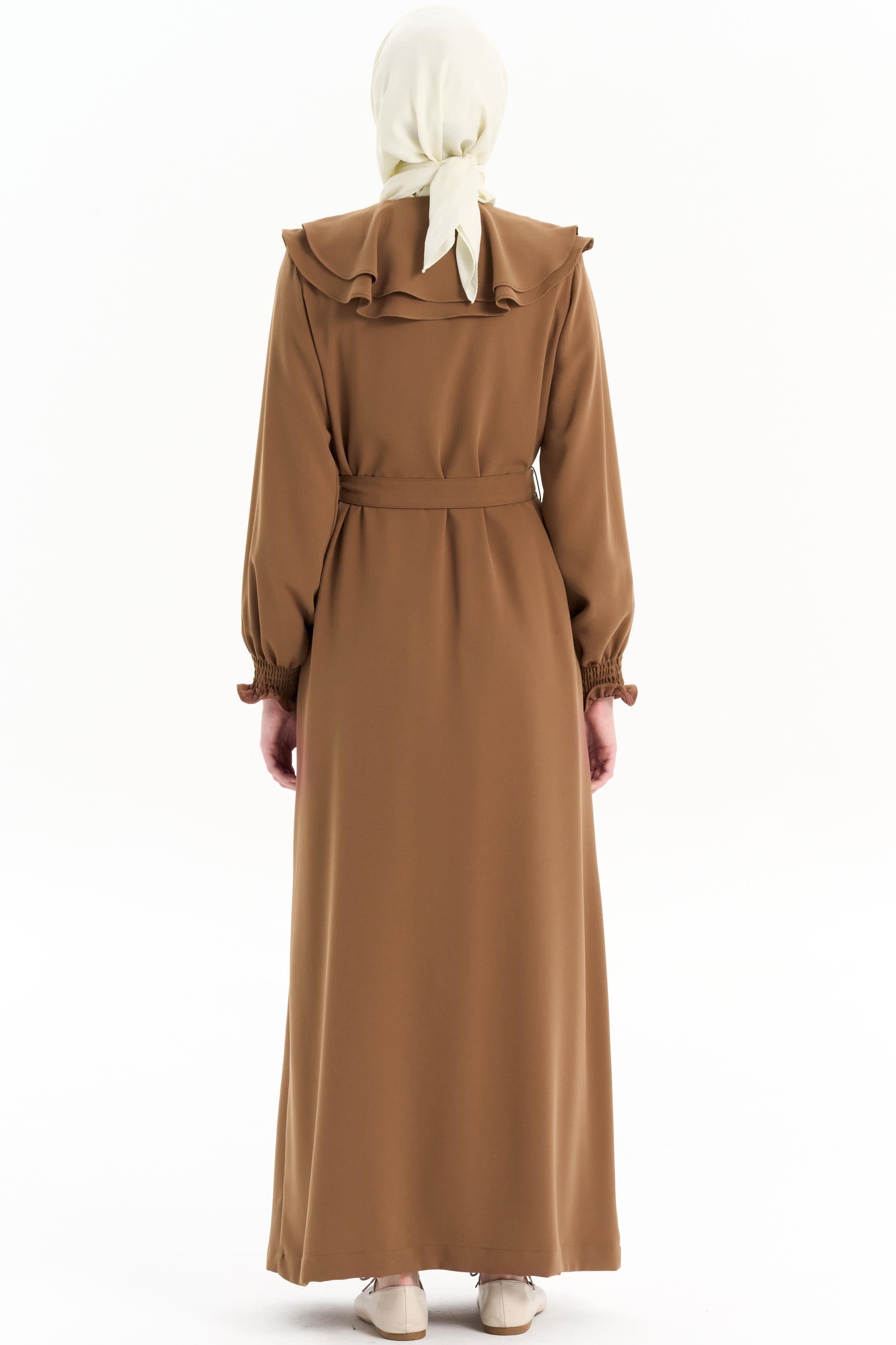 Çift Kat Volan Yaka Detaylı Pardesü - Kahve TUGBA