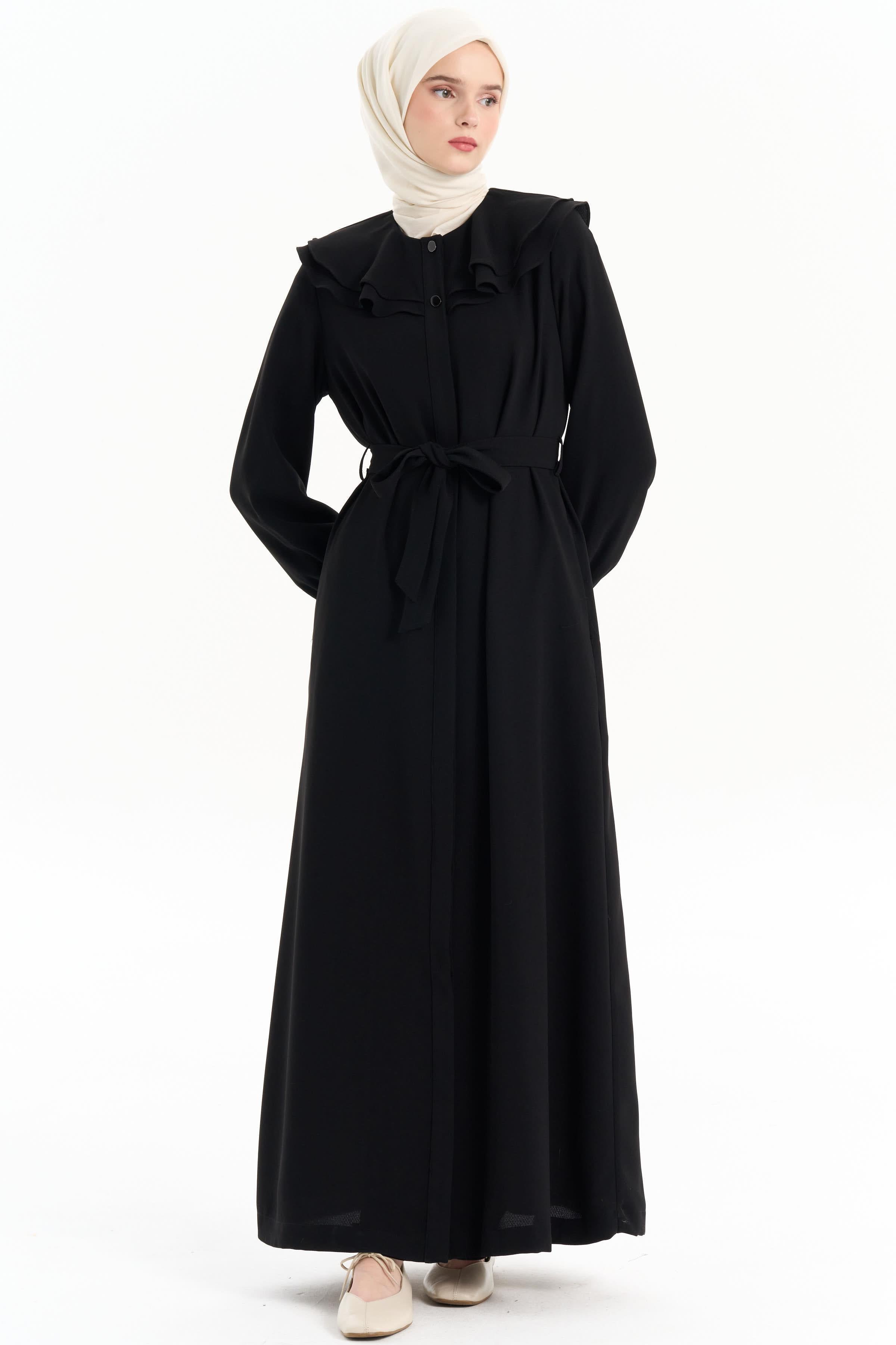 Çift Kat Volan Yaka Detaylı Pardesü - Siyah TUGBA