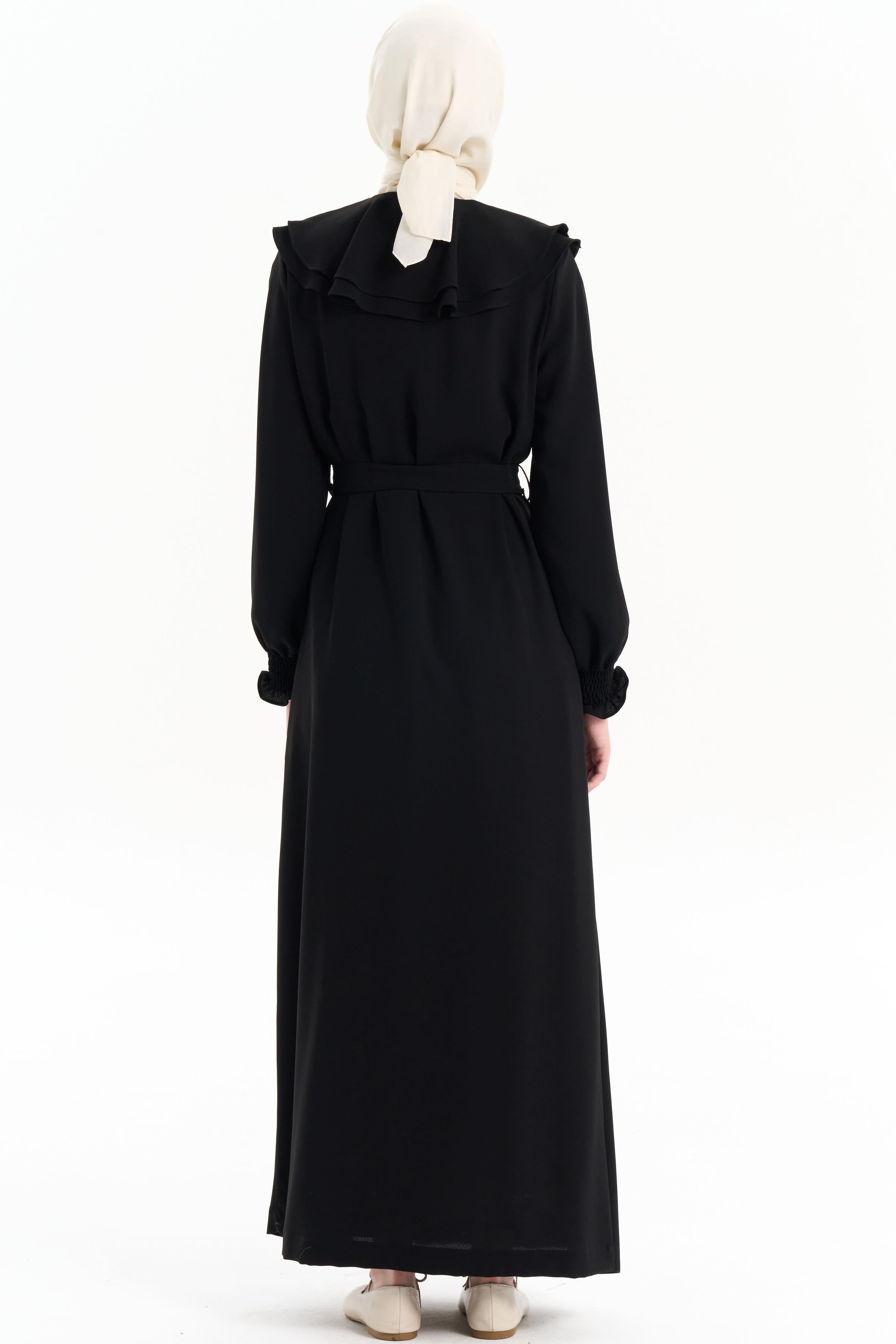 Çift Kat Volan Yaka Detaylı Pardesü - Siyah TUGBA