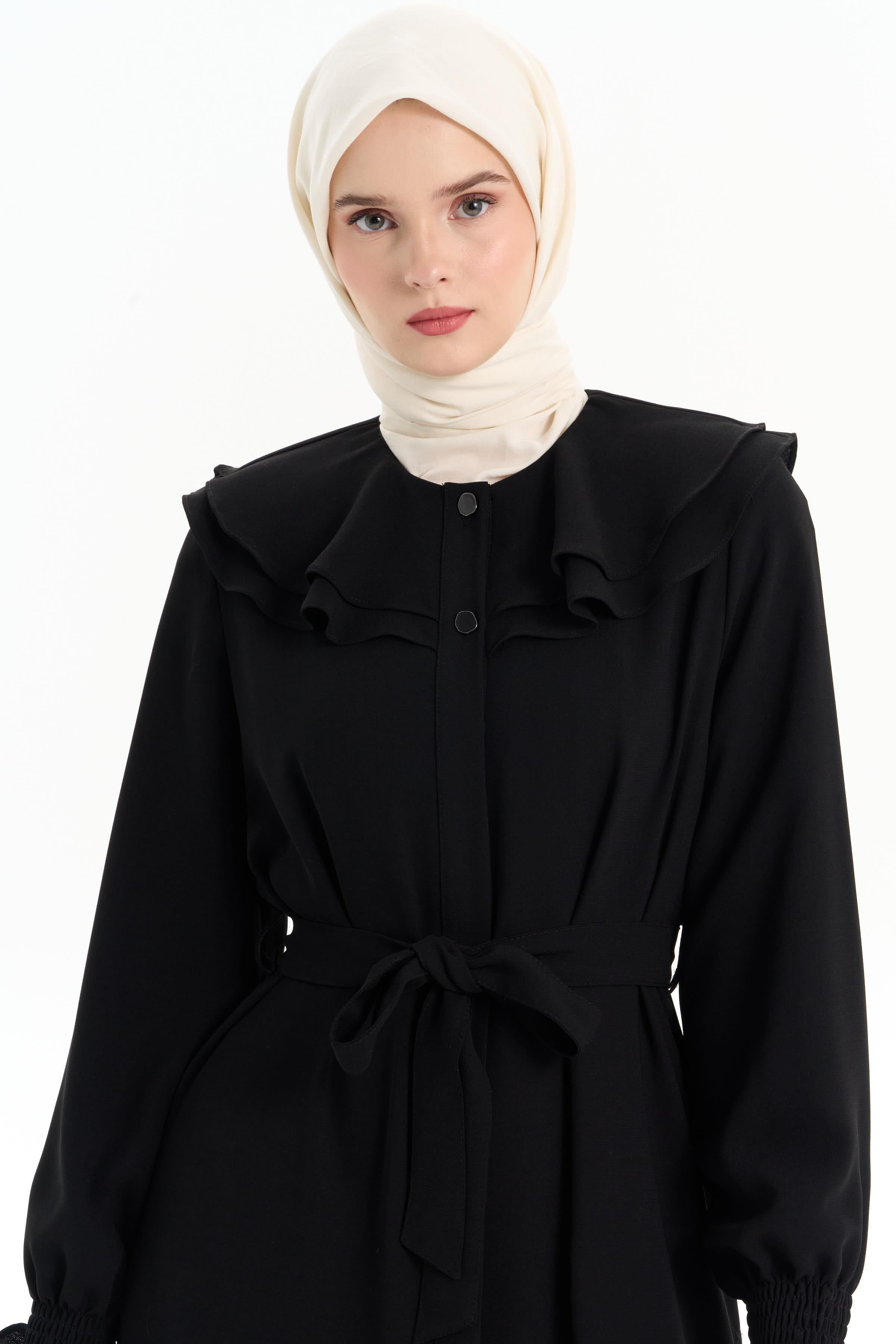 Çift Kat Volan Yaka Detaylı Pardesü - Siyah TUGBA