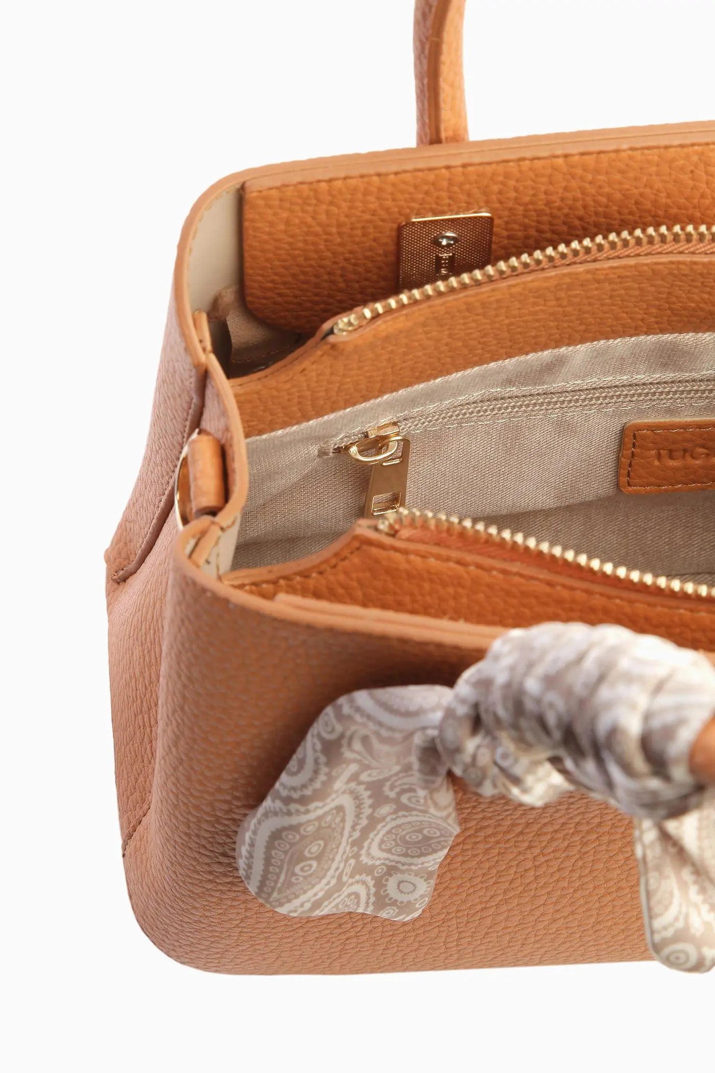 Çift Kulplu Fularlı Çanta - Açık Kahve TUGBA