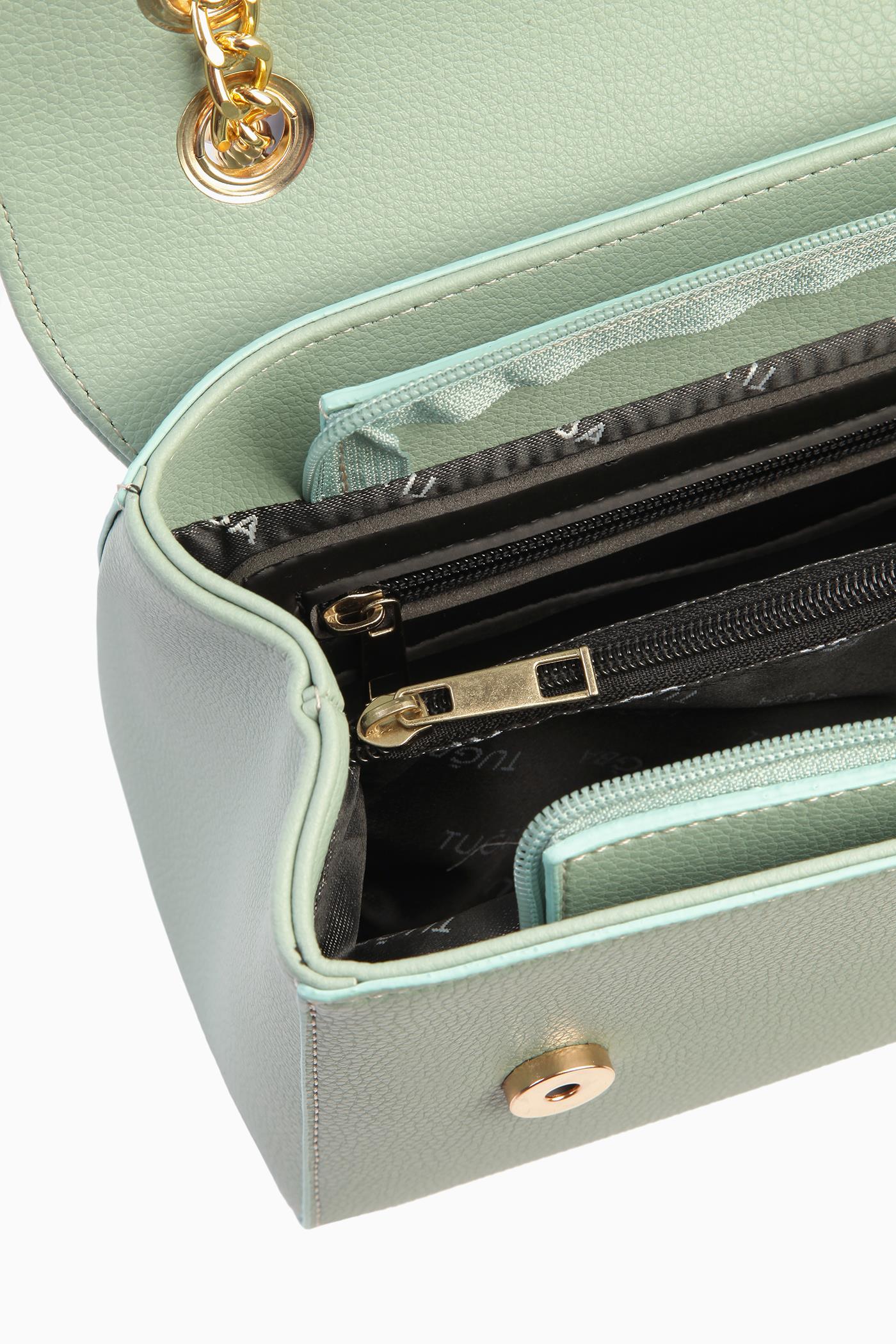 Çift Kulplu Zincirli Flap Çanta - Su Yeşili TUGBA