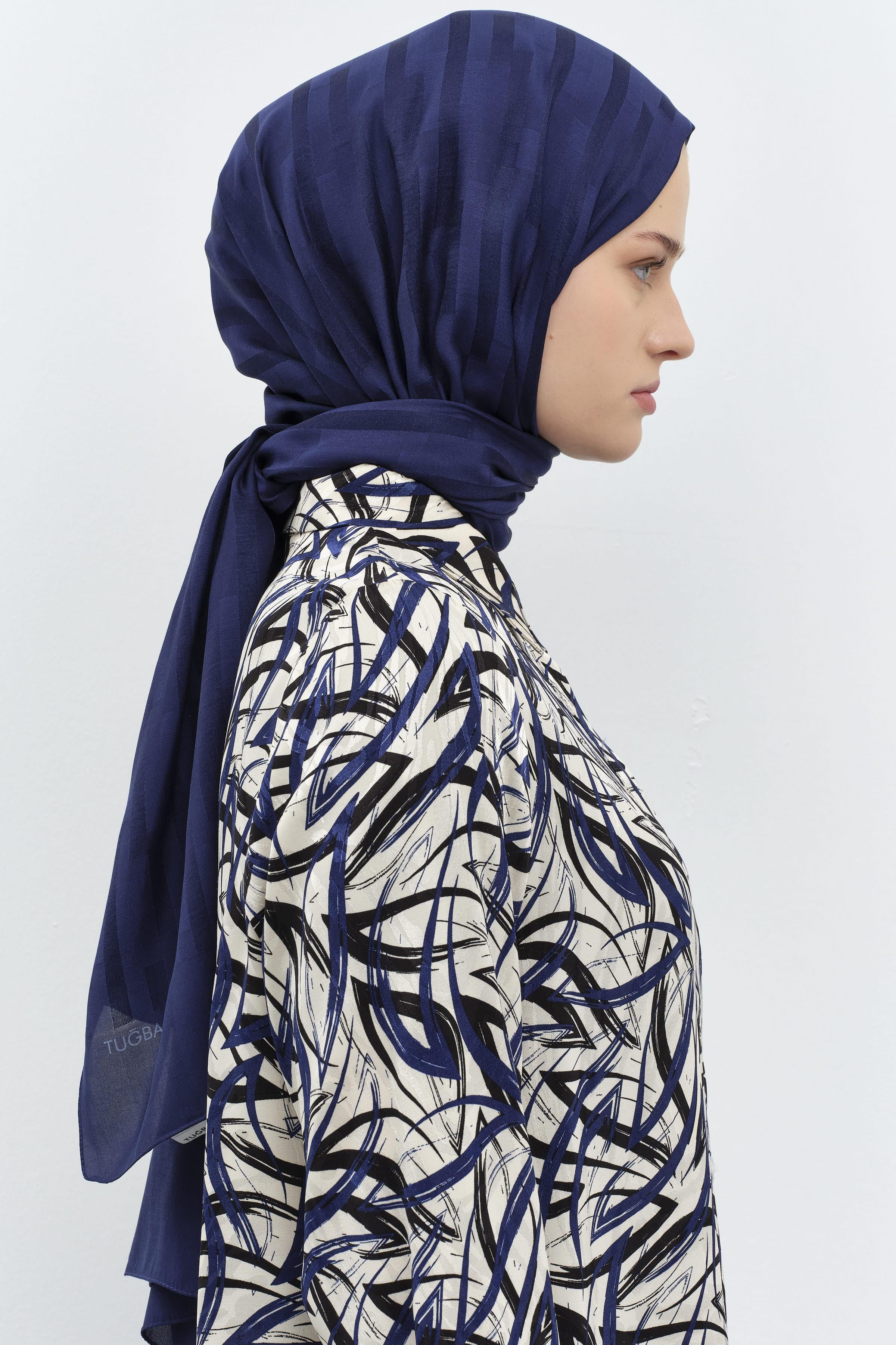 Çizgi Desen Viskon Şal - Lacivert TUGBA