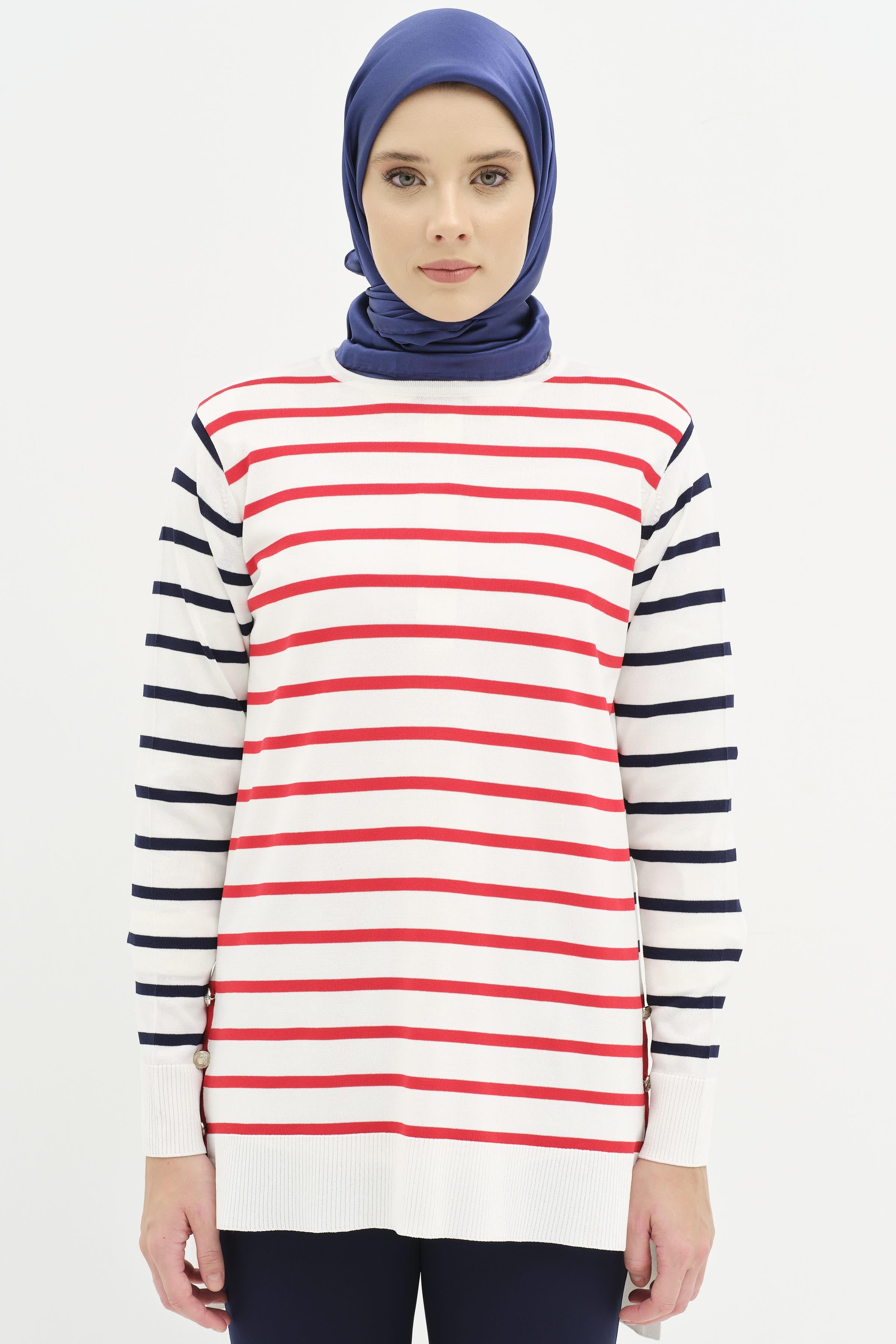 Çizgi Desenli Triko Tunik - Kırmızı TUGBA