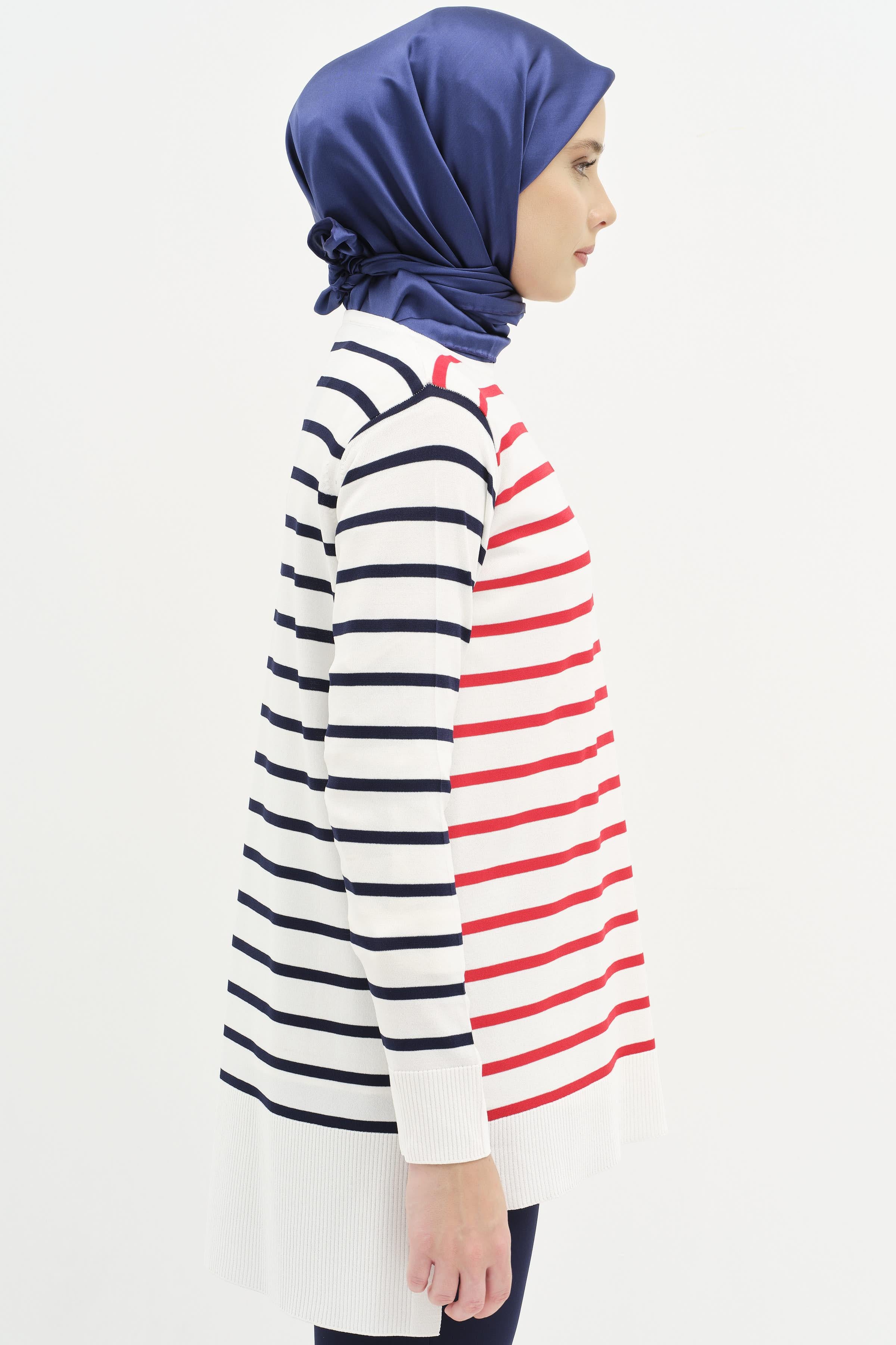 Çizgi Desenli Triko Tunik - Kırmızı TUGBA