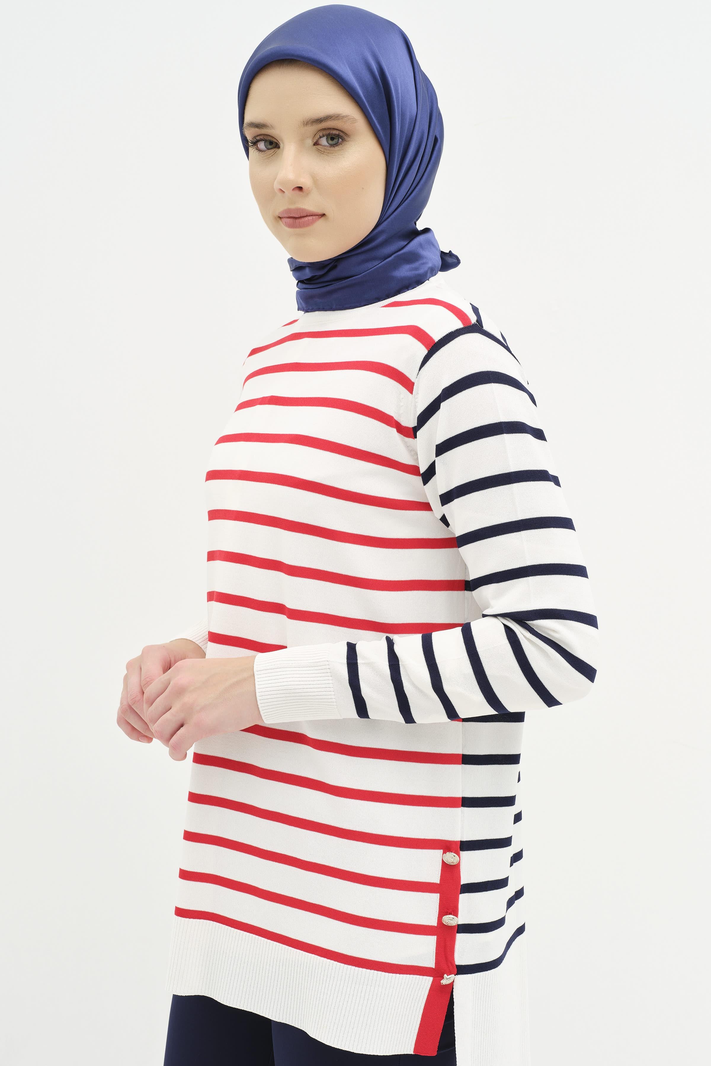 Çizgi Desenli Triko Tunik - Kırmızı TUGBA