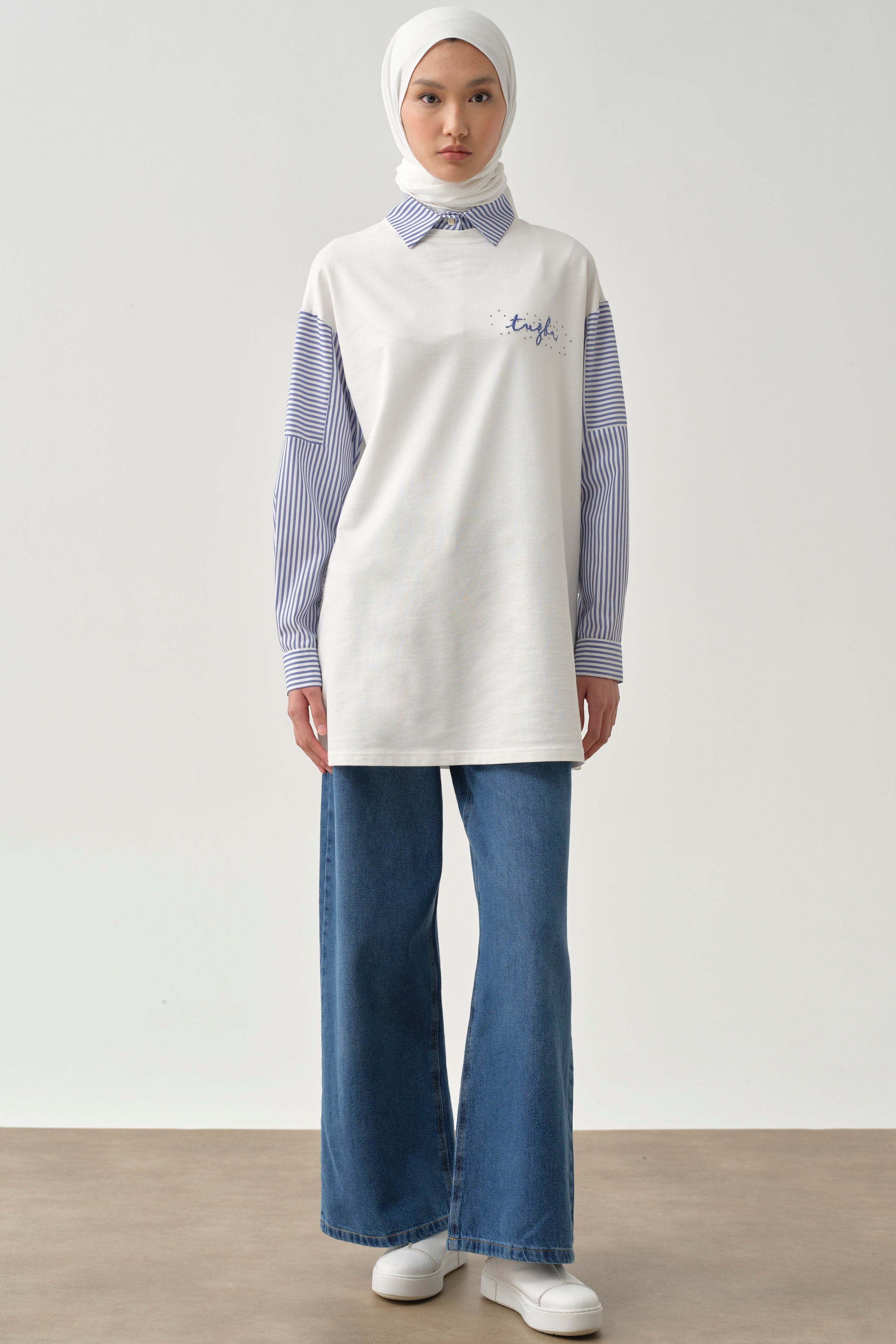 Çizgi Garnili Sweat - Ekru TUGBA