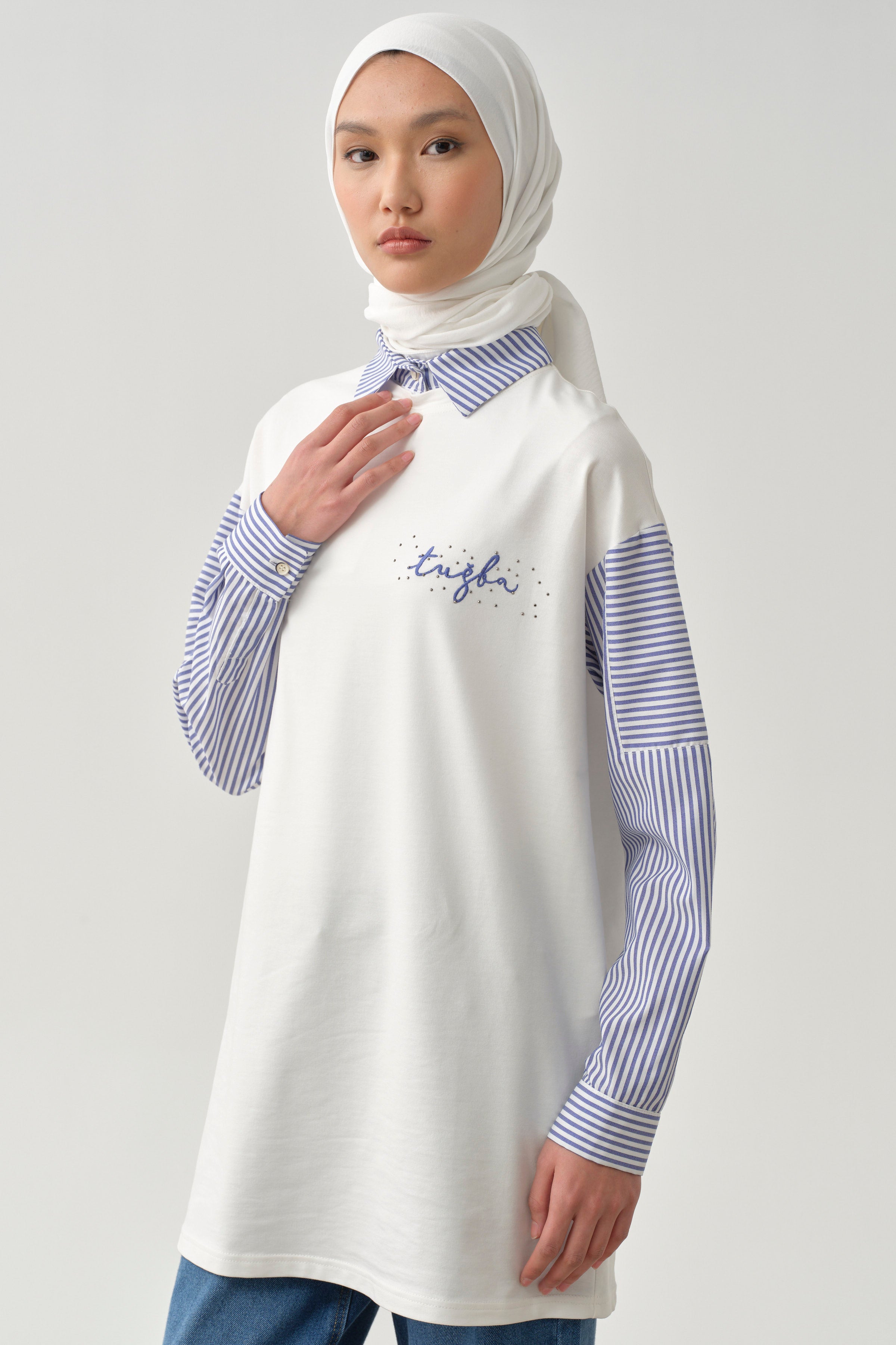 Çizgi Garnili Sweat - Ekru TUGBA