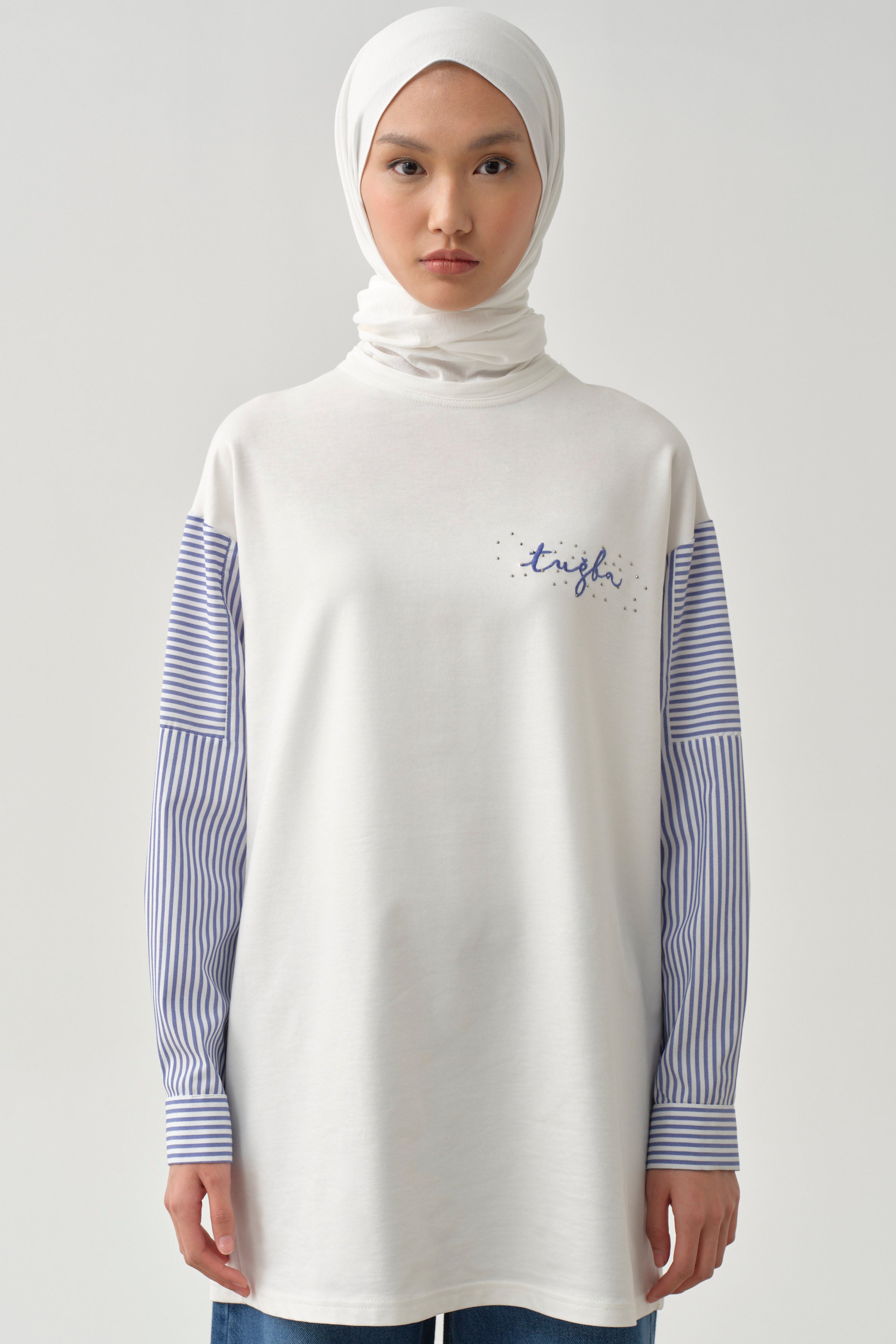 Çizgi Garnili Sweat - Ekru TUGBA