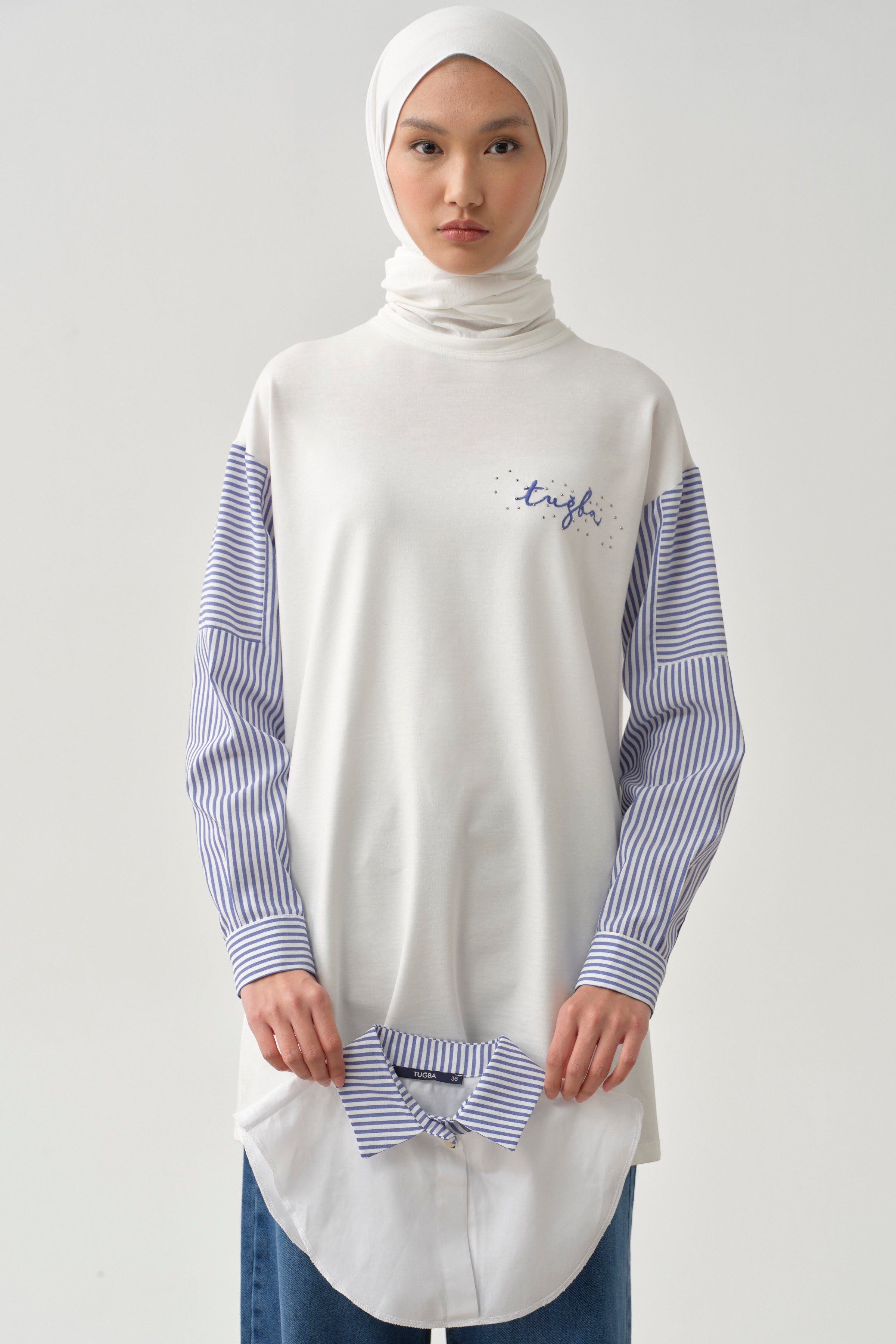 Çizgi Garnili Sweat - Ekru TUGBA