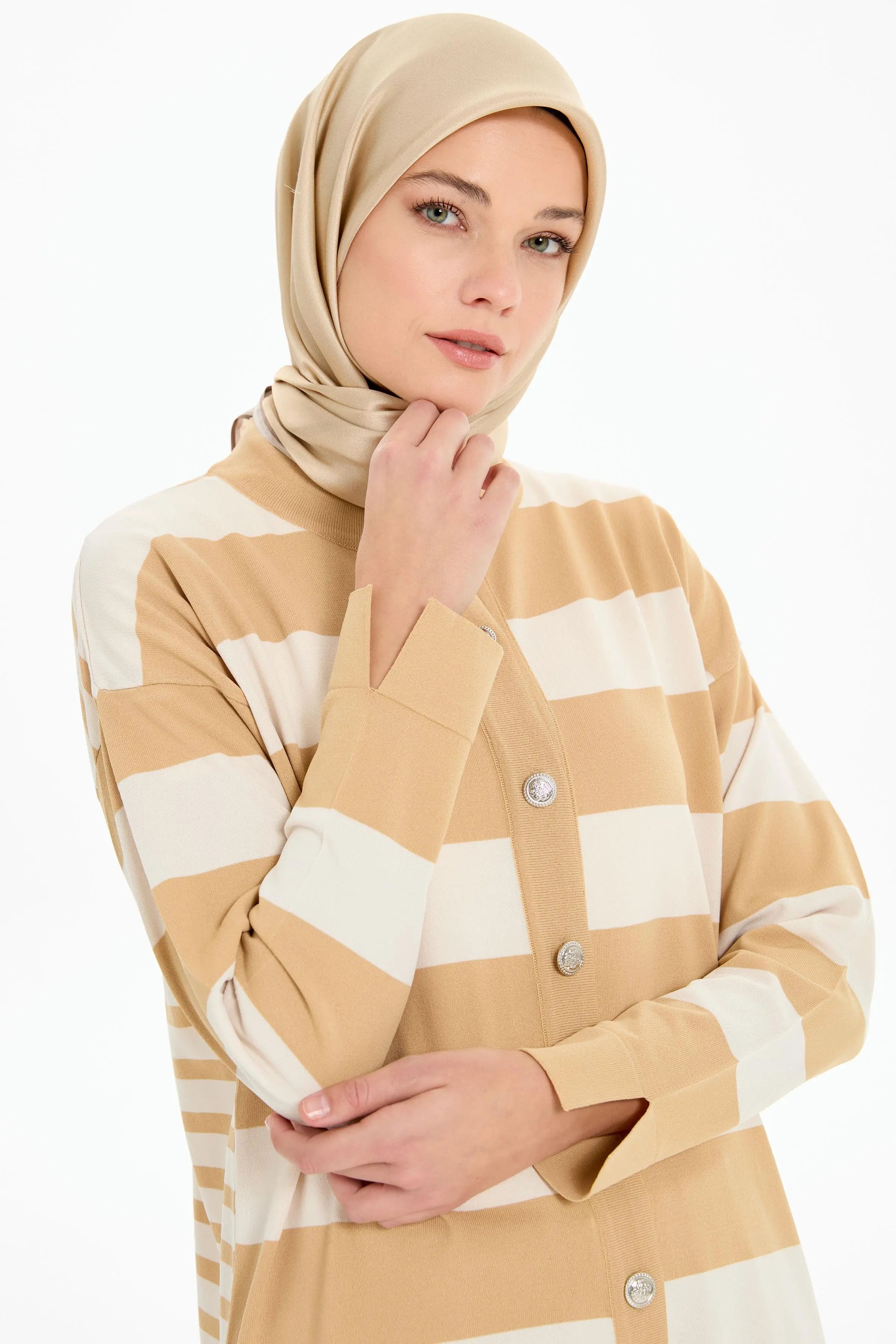 Çizgili Düğme Kapamalı Hırka - Bej TUGBA