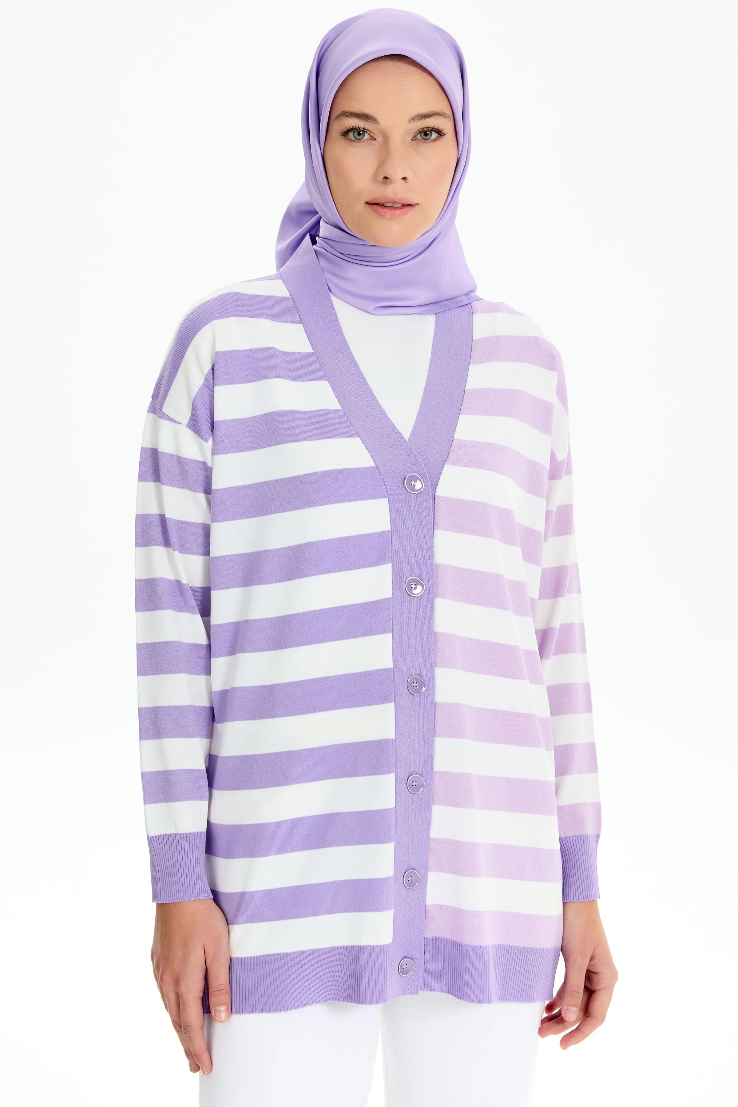 Çizgili Düğme Kapamalı Triko Hırka - Lila TUGBA