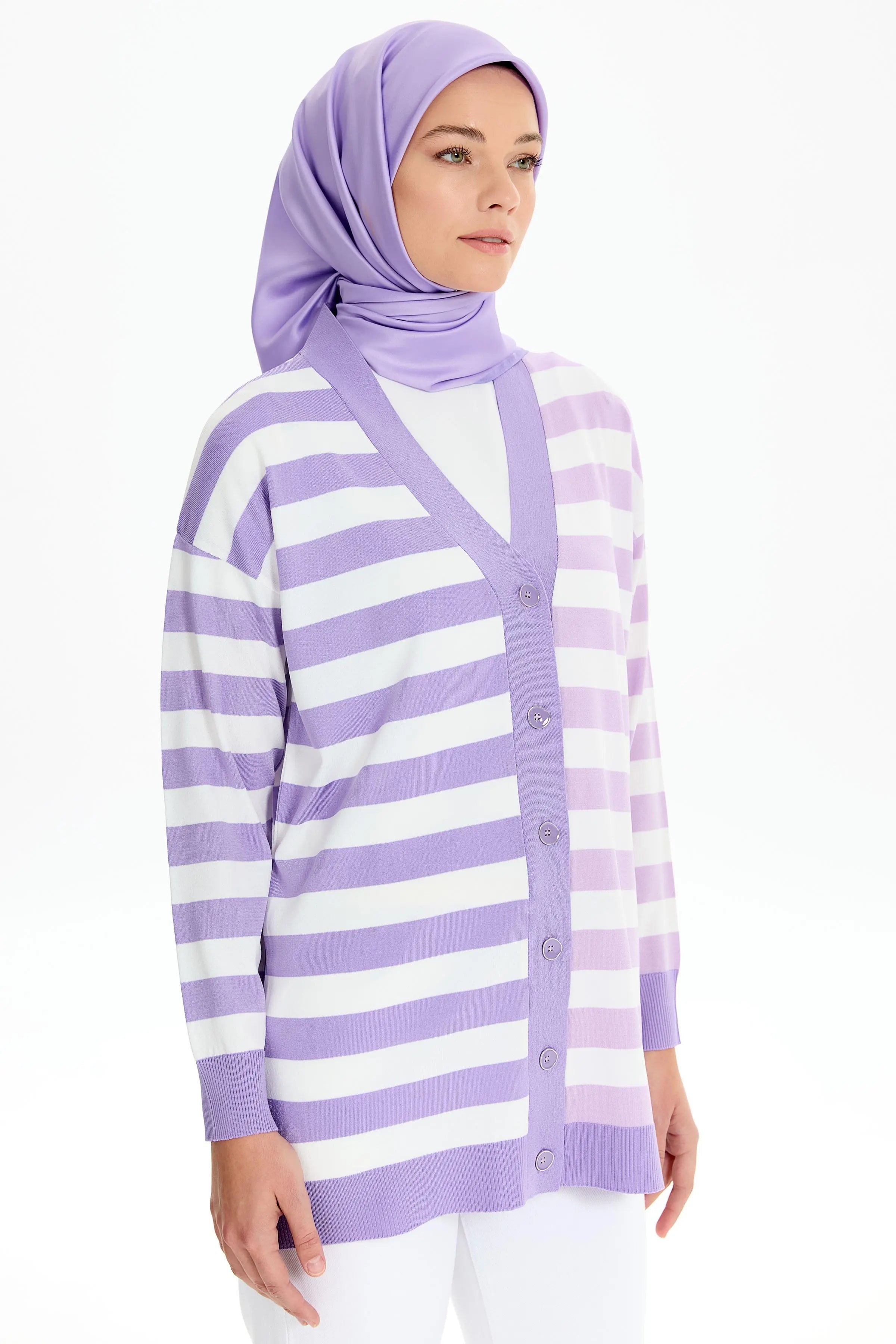 Çizgili Düğme Kapamalı Triko Hırka - Lila TUGBA