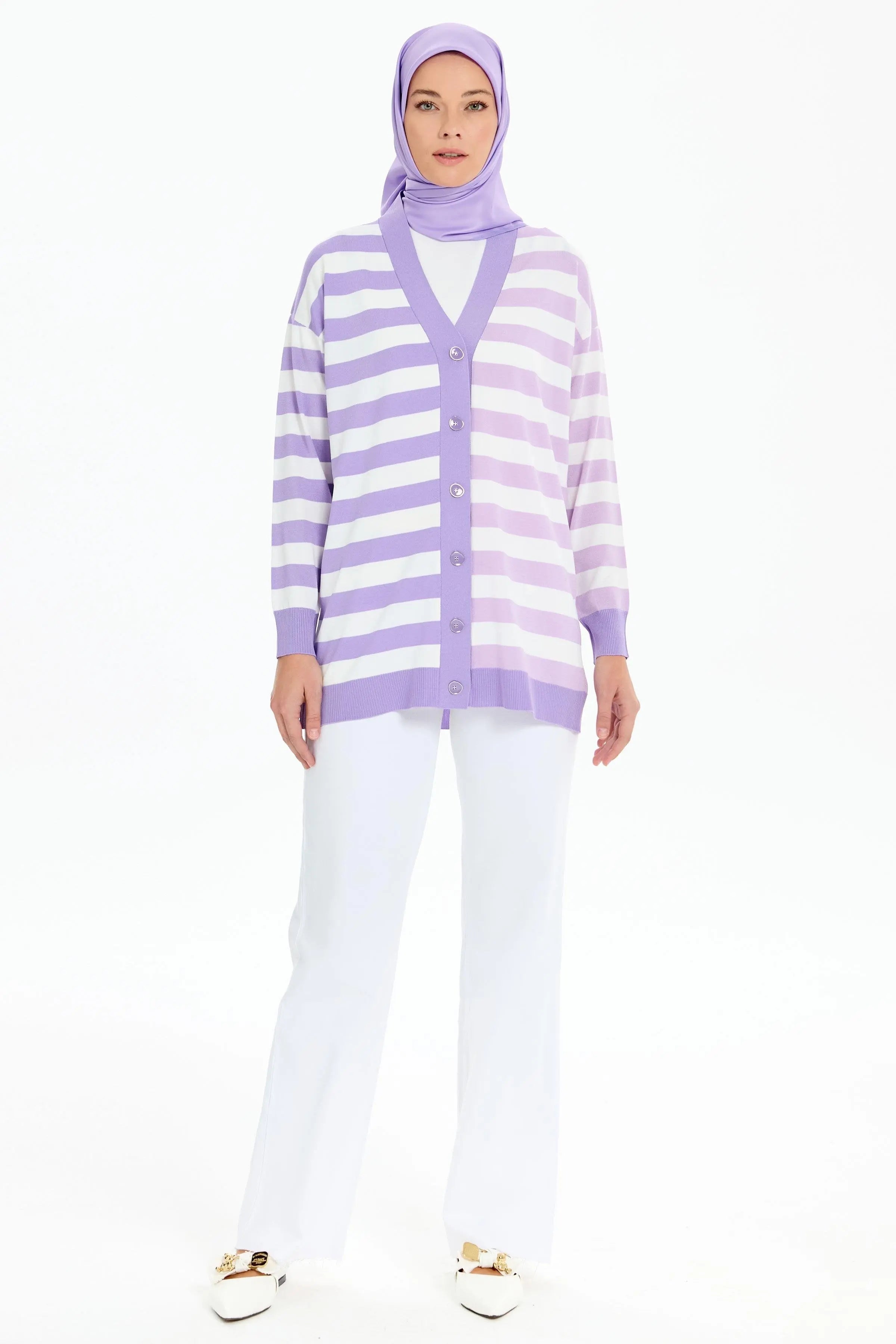 Çizgili Düğme Kapamalı Triko Hırka - Lila TUGBA